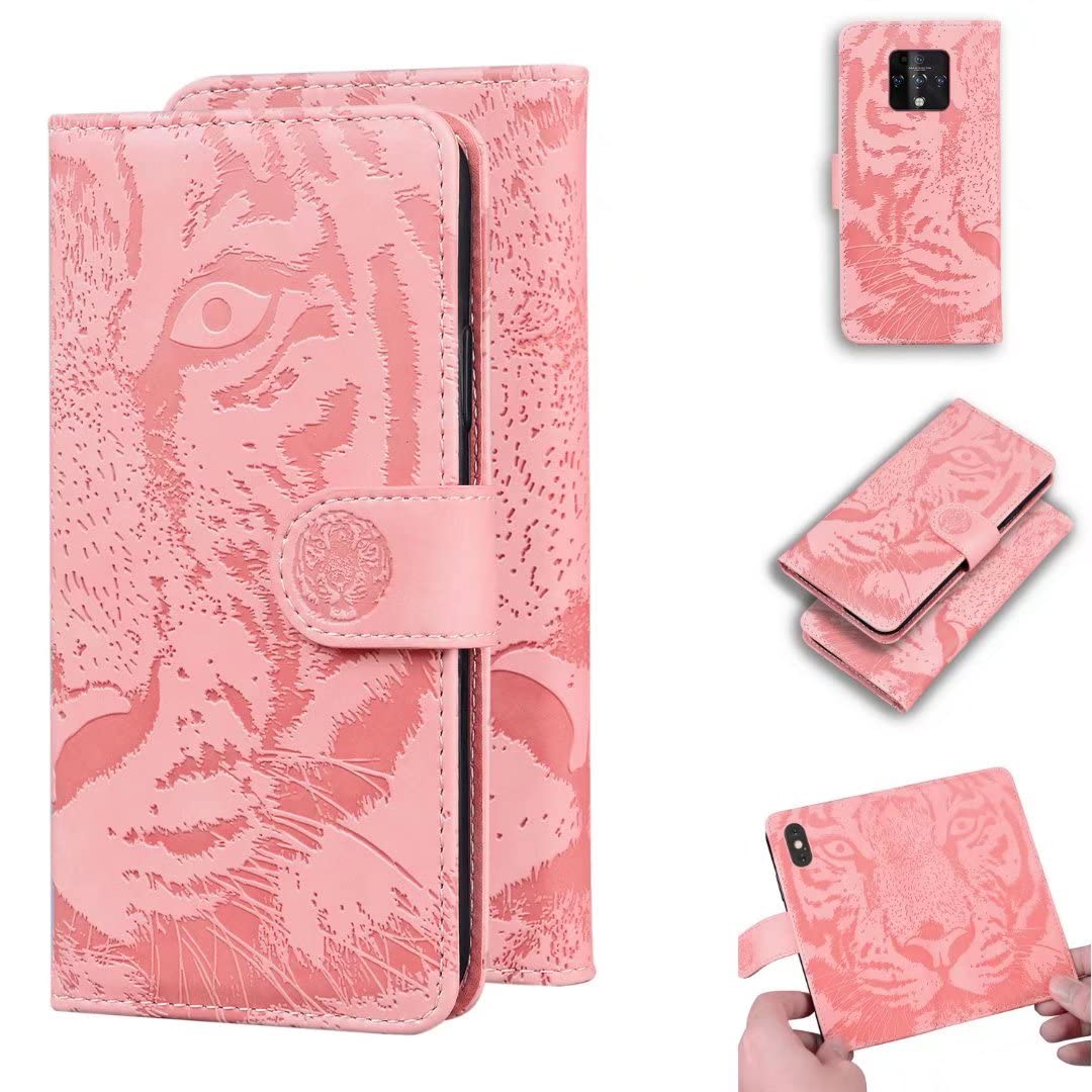Rose Gold Tiger Embossed Leather Wallet Case with Wrist Strap & Card Holder - Compatible with Tecno Camon 16 Premier | Flip Cover Stand Phone Case for Everyday Use & Travel Accessories
