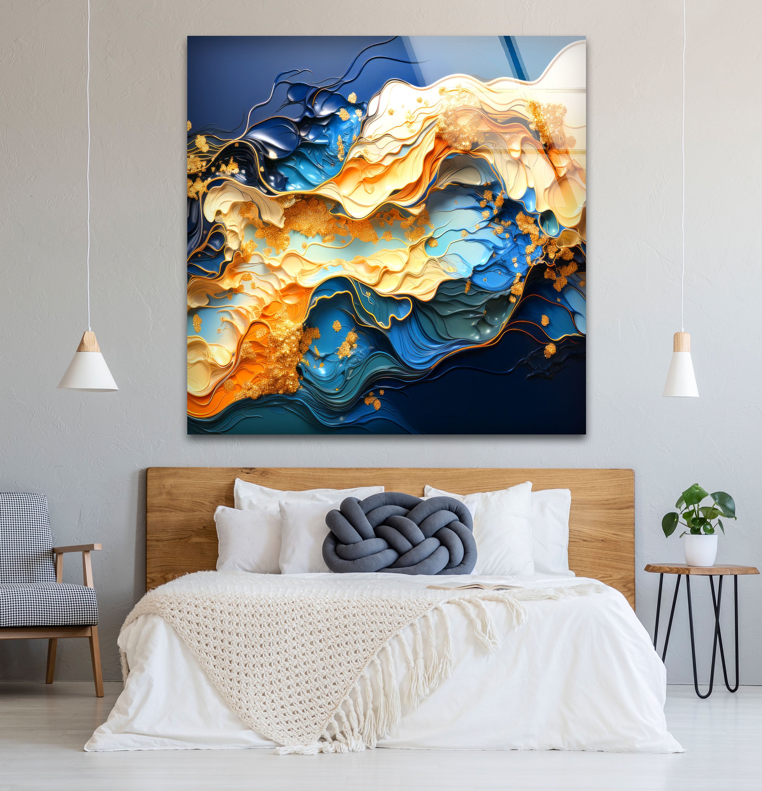 Blue Gold Abstract Wave Wall Art - Modern Fluid Glass Print for Home & Office Decor | Elegant Interior Design for Living Room, Bedroom & Office Spaces