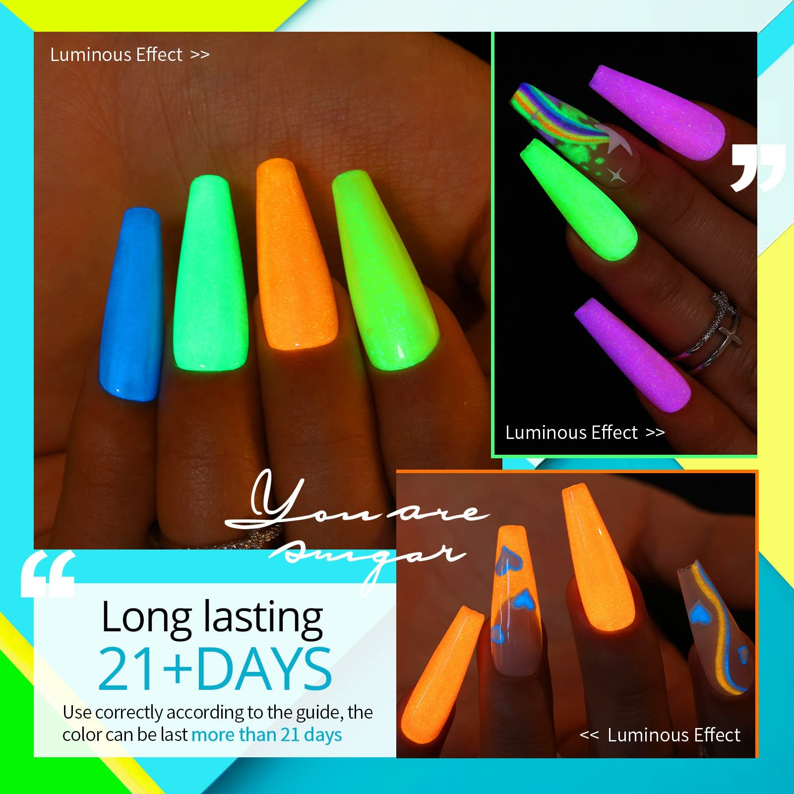 UR SUGAR Glow in the Dark Gel Nail Polish Set - 6 Neon Colors (Hot Pink, Yellow, Orange) for Halloween & Party Nails | Long-Lasting Fluorescent & Luminous Effect | Soak Off UV/LED Gel Polish Kit | Perfect for Night Events, Raves & Nail Art
