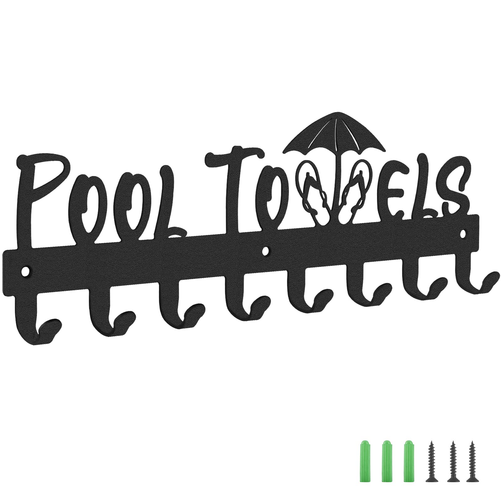 Pool Towel Rack with 8 Hooks - Wall Mounted Towel Holder for Bathroom, Outdoor, Gym & Spa - Heavy Duty Towel Hanger for Bathrobes, Swimsuits & Clothes - Perfect for Pool Area, Beach House & Laundry Room Decor (Black)