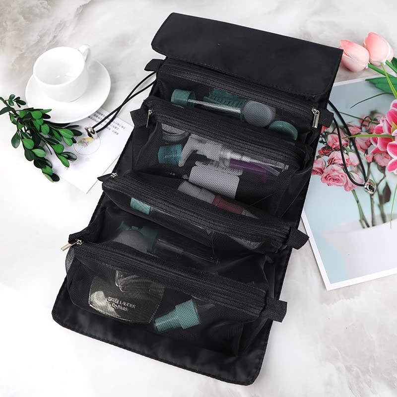 Luxula 4-in-1 Hanging Foldable Travel Cosmetic Organizer - Detachable Makeup Pouch & Toiletry Bag for Women (Black) | Perfect for Travel, Home Bathroom & Gym Organization