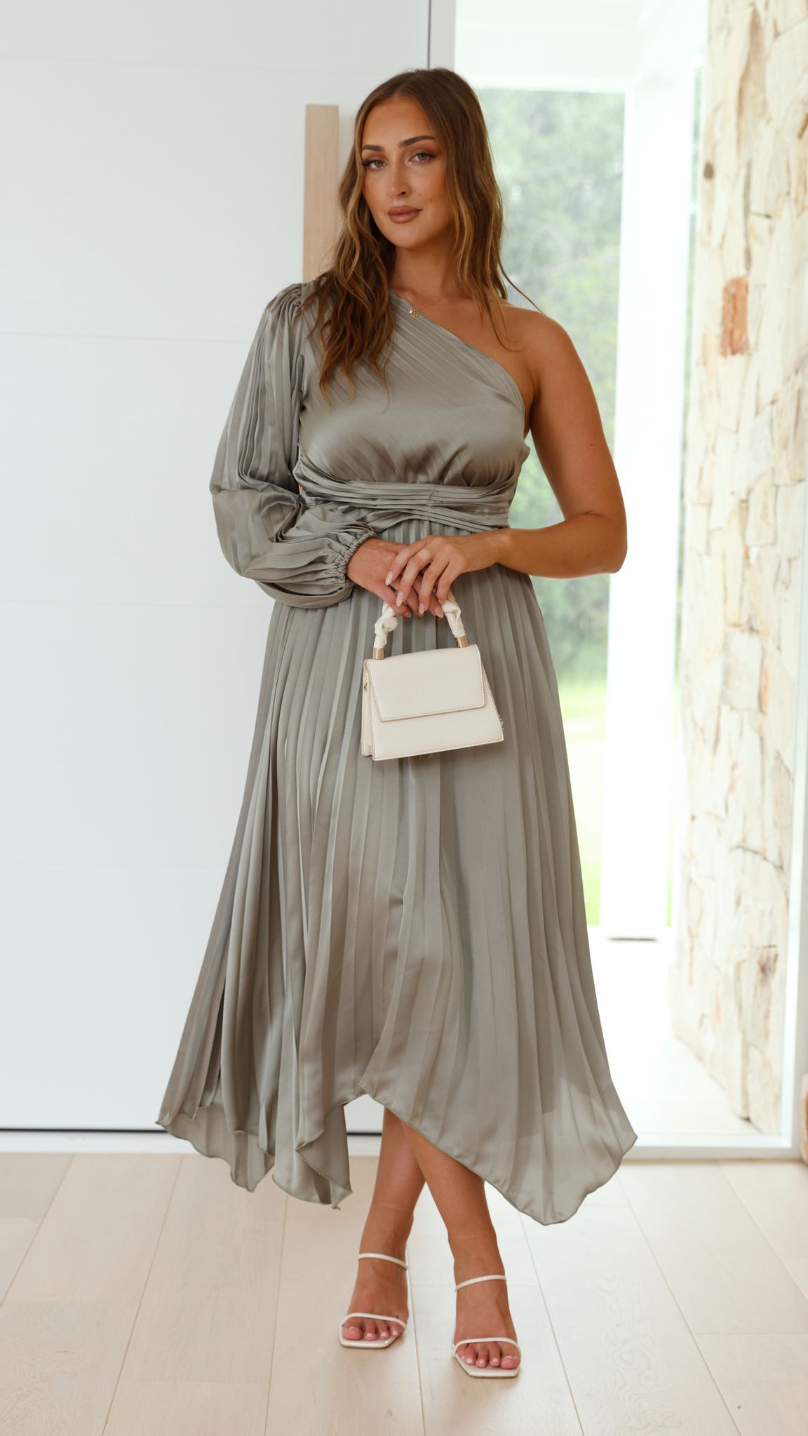 Brooklyn One Shoulder Midi Dress in Olive - Elegant Women's Summer Cocktail Party & Wedding Guest Dress