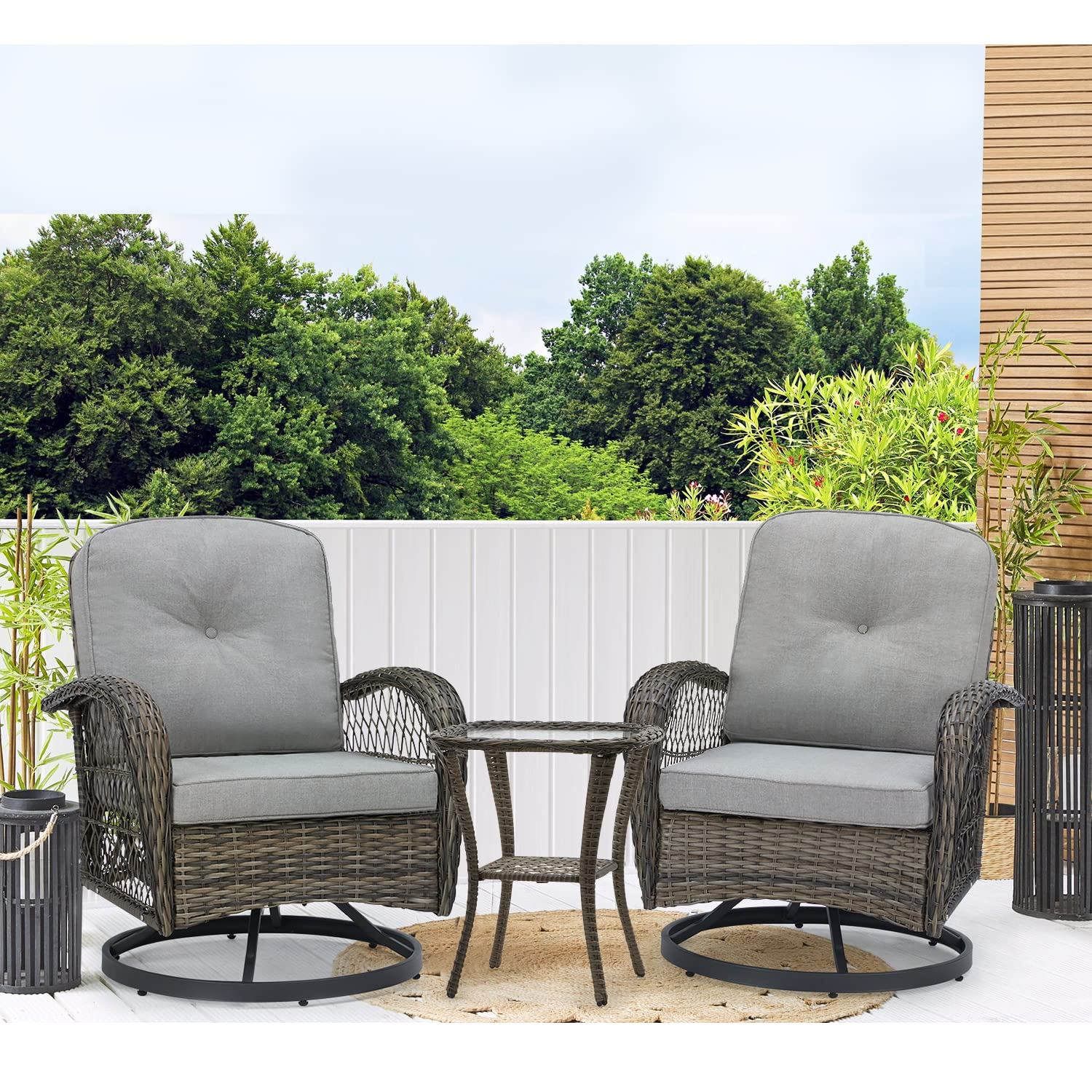 EROMMY 3-Piece Grey Wicker Swivel Patio Chair Set for Outdoor Garden, Poolside & Backyard Relaxation