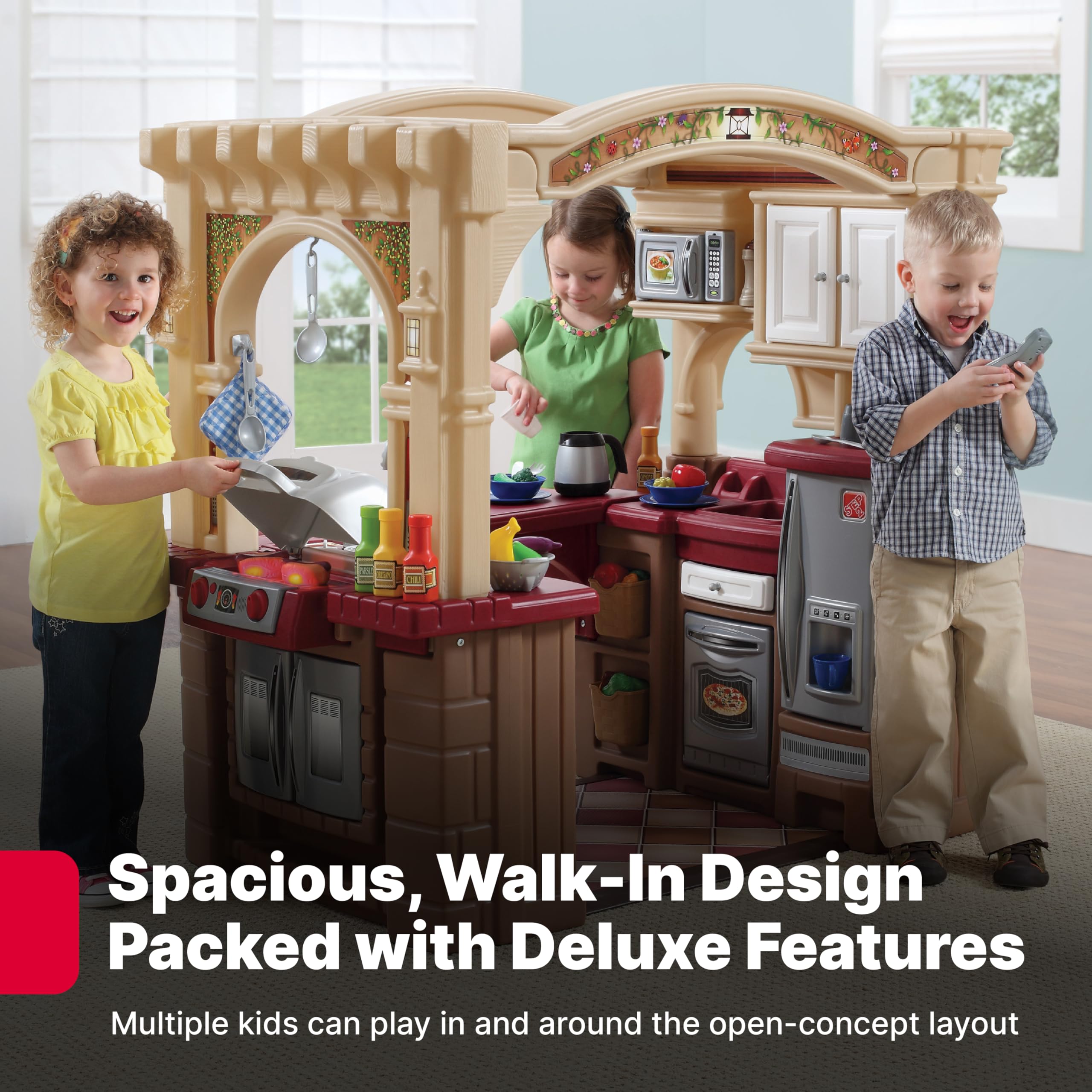 Step2 Grand Walk-In Kitchen & Grill Kids Playset - Indoor/Outdoor Pretend Play Kitchen with Lights & Sounds - 103-Piece Durable Plastic Toy Accessories for Toddlers Ages 2+ (Brown/Tan) - Perfect for Backyard, Playroom & Preschool Imaginative Play