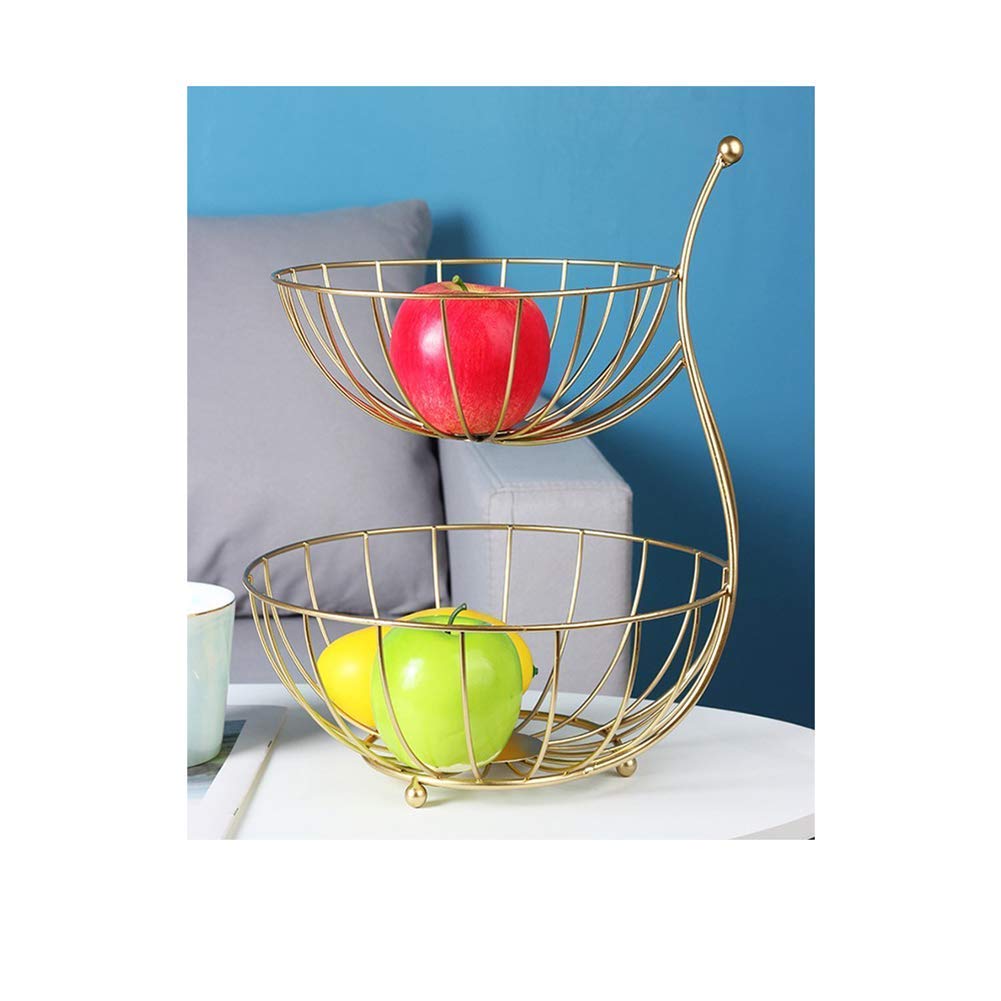 XJZKA 2-Tier Metal Fruit Basket - Golden Decorative Serving Bowl for Fruits, Vegetables, Bread & Household Items | Perfect for Kitchen Counter, Dining Table & Party Display