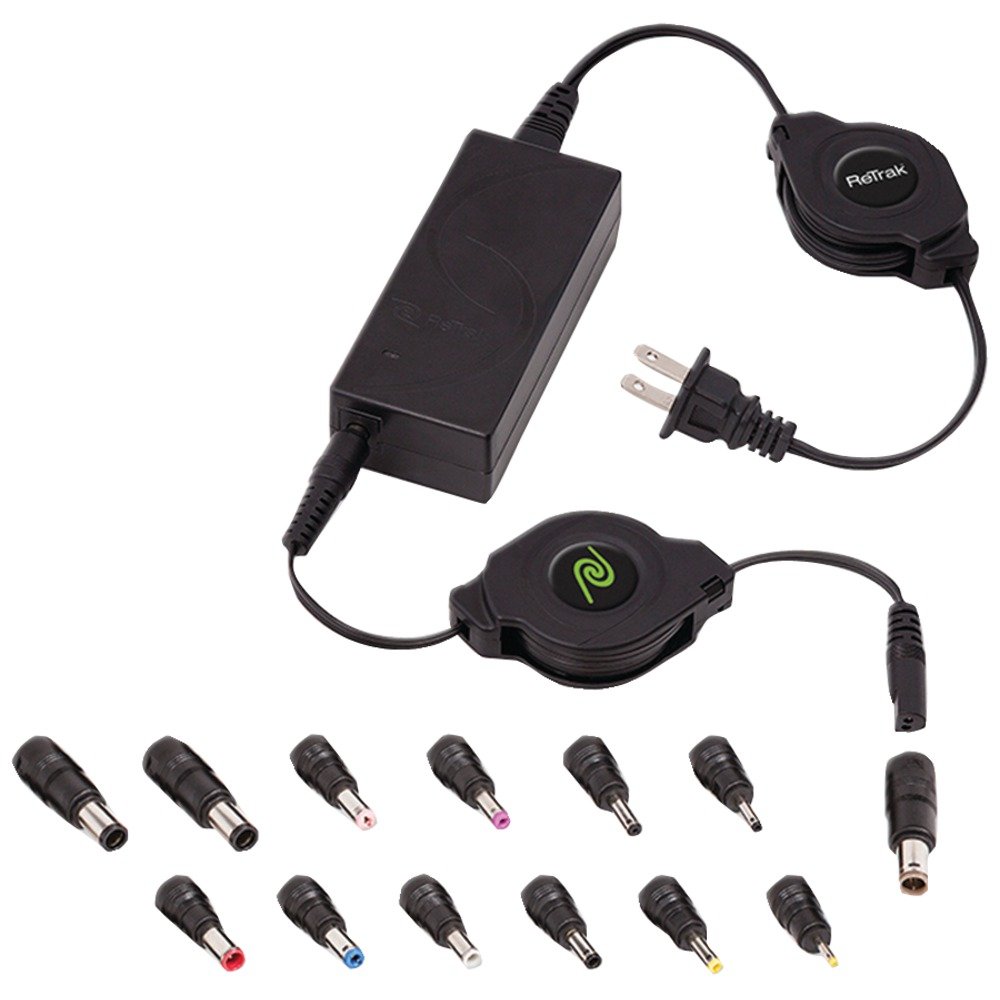ReTrak Retractable Universal Laptop Charger for Ultrabooks & Netbooks - Black (ETCHGNBUNN) | Compact & Tangle-Free Power Cord for Home, Office & Travel