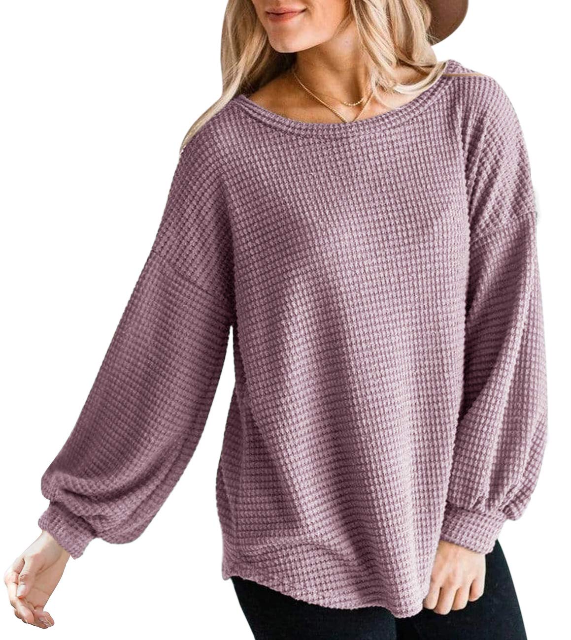 MEROKEETY Women's Oversized Crew Neck Sweater - Long Balloon Sleeve Waffle Knit Pullover Top | Casual Winter Wear, Cozy Fall Outfit, Office & Date Night Fashion