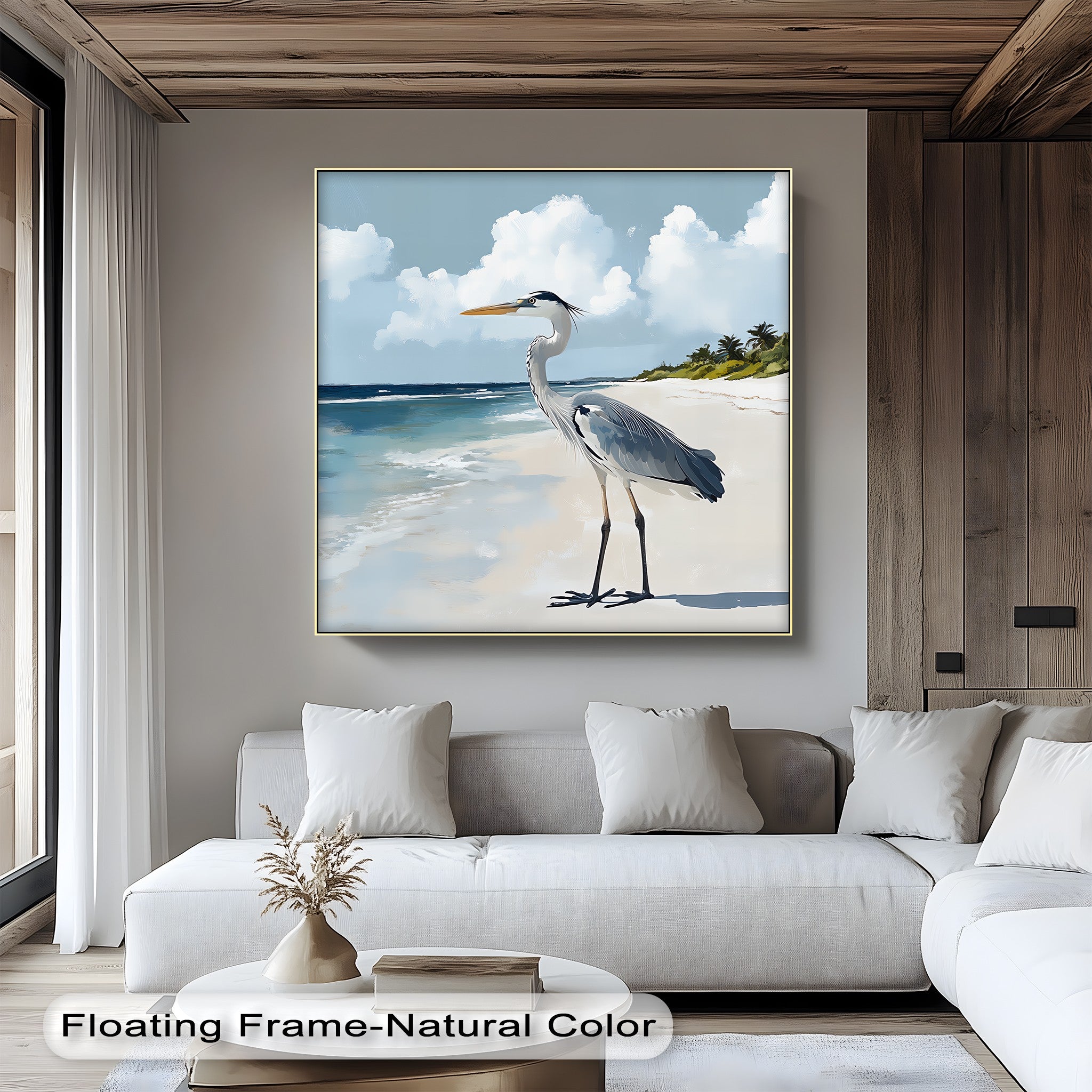 Coastal Heron Under Blue Skies - Tropical Beach Canvas Wall Art Print for Living Room, Bedroom & Office Decor | Nature Landscape Painting Home Decoration