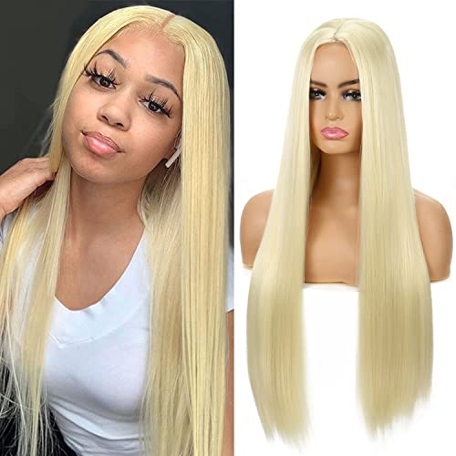 24 Inch Long Blonde Straight Synthetic Wig for Women - Middle Part Natural Looking Heat Resistant Hair Replacement Wig - Perfect for Halloween, Cosplay, Parties & Daily Wear