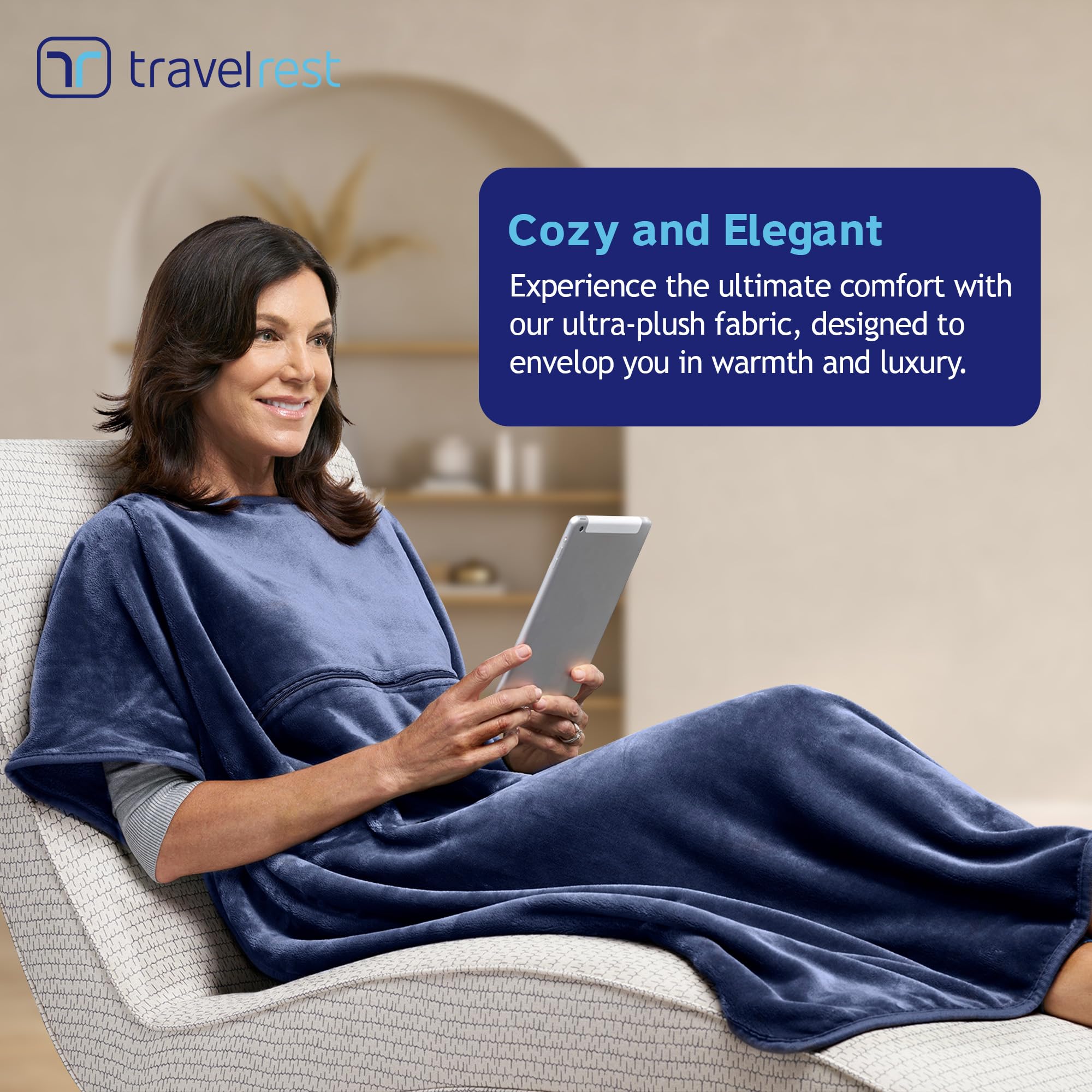TRAVELREST 4-in-1 Travel Blanket & Pillow for Airplanes - Lightweight, Warm & Ultra Plush Wearable Blanket with Carry Case | Perfect for Long Flights, Road Trips & Camping | Soft, Cozy & Compact (Blue)