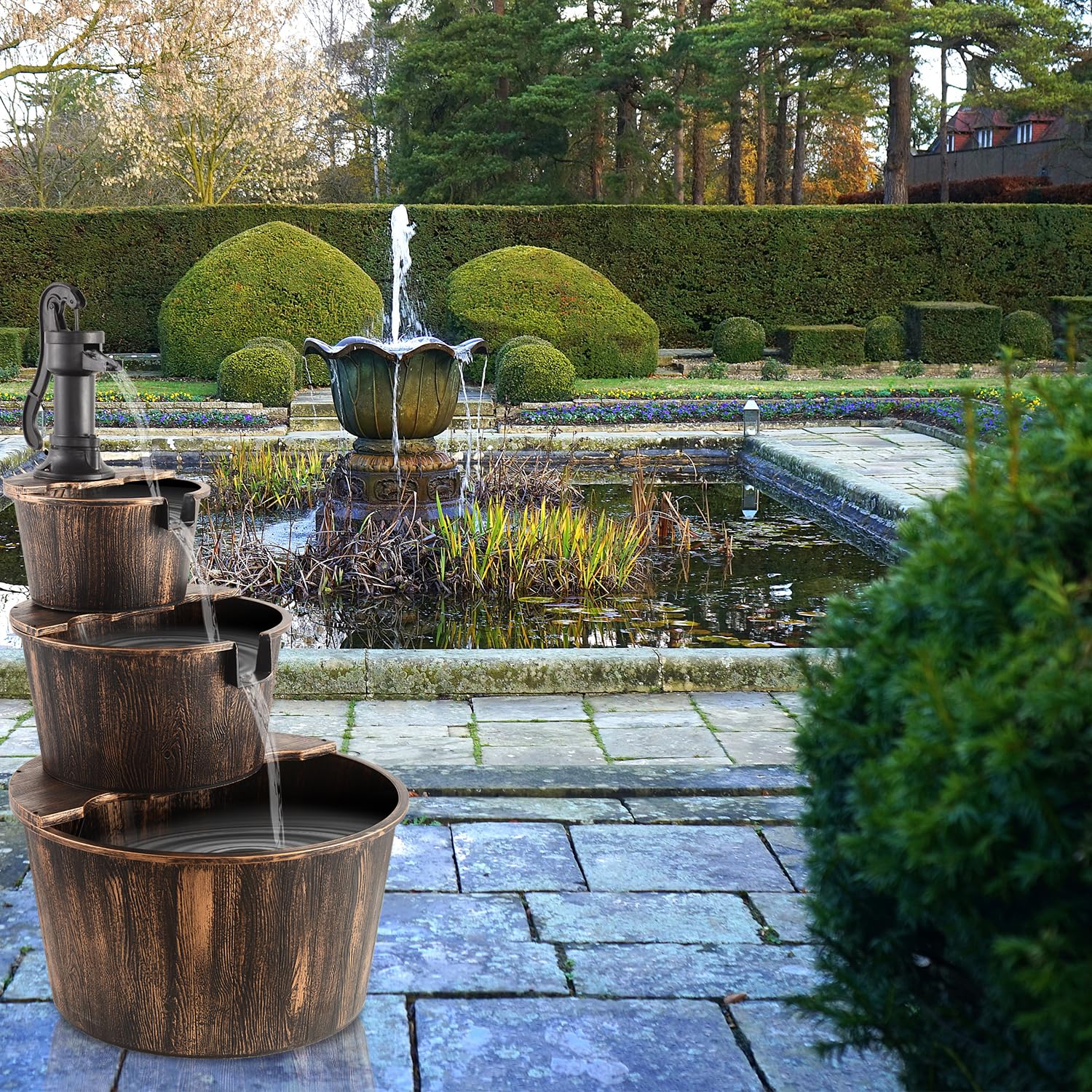 YI 40-Inch 3-Tier Barrel Waterfall Fountain - Rustic Wood Outdoor Water Feature with Pump for Garden, Patio, Backyard - Perfect for Relaxation & Landscape Decoration