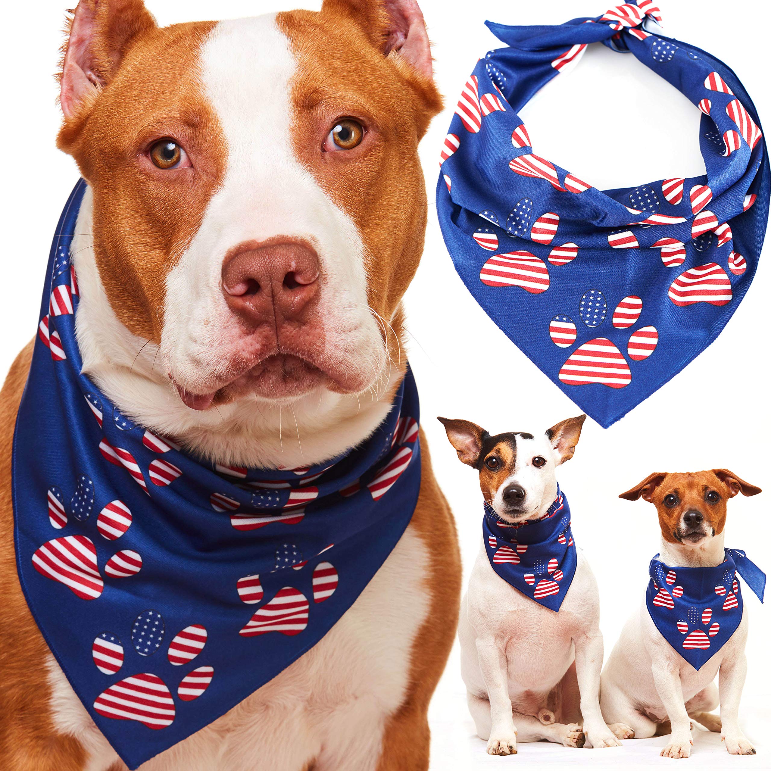 American Flag Dog Bandana - Patriotic 4th of July Pet Bandana for Small Medium Large Dogs & Cats, USA Flag Independence Day Accessory with Paw Print (Blue) - Perfect for National Holidays, Parades & Pet Photo Shoots