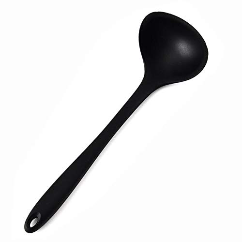 Non-Stick Silicone Soup Ladle with Curved Handle - Unbreakable Large Round Scoop for Cooking, Serving & Dining - Perfect for Soups, Stews, Sauces & Kitchen Use (Black)