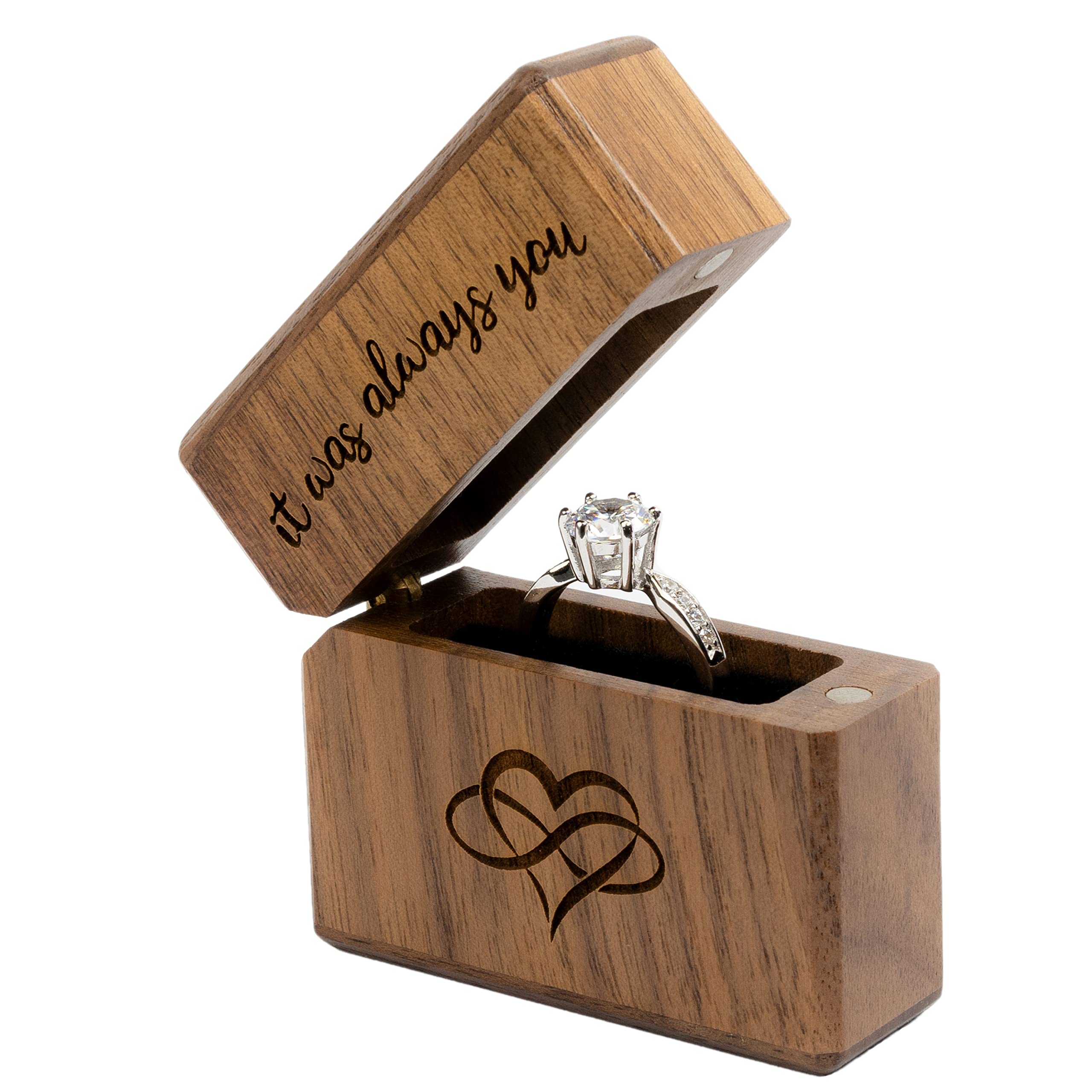 Elegant Walnut Wood Engagement Ring Box - Slim Pocket Size Proposal Ring Holder with 'It Was Always You' Infinity Heart Engraving - Perfect for Romantic Proposals, Surprise Engagements & Wedding Moments