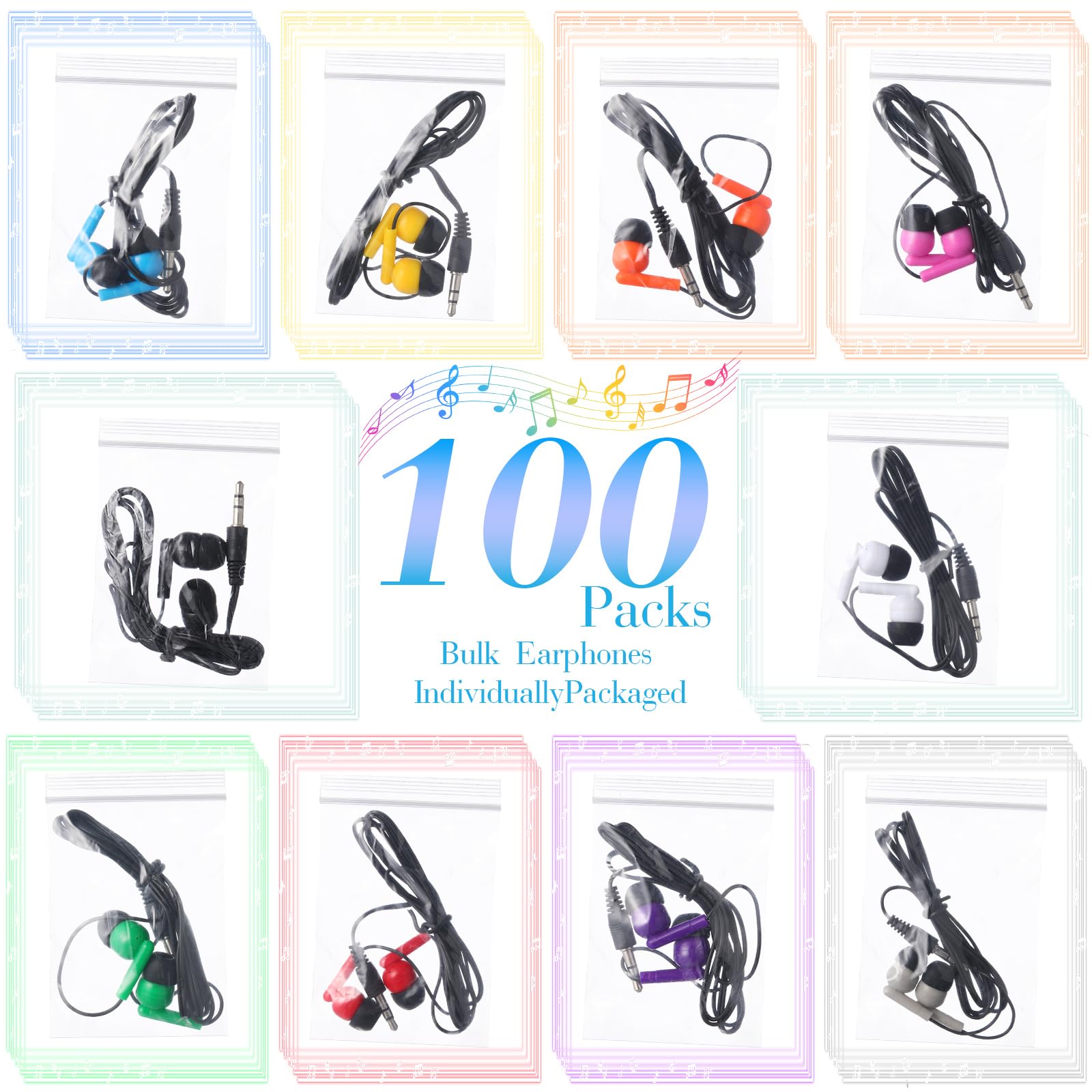 Kanayu 100 Pack Bulk Wired Earbuds - No Microphone Classroom Headphones with 3.5mm Jack for Students, Kids, School, Library & Laptop Use - Individually Bagged Multicolor Earbuds - Perfect for Online Learning, Study Sessions & Quiet Reading