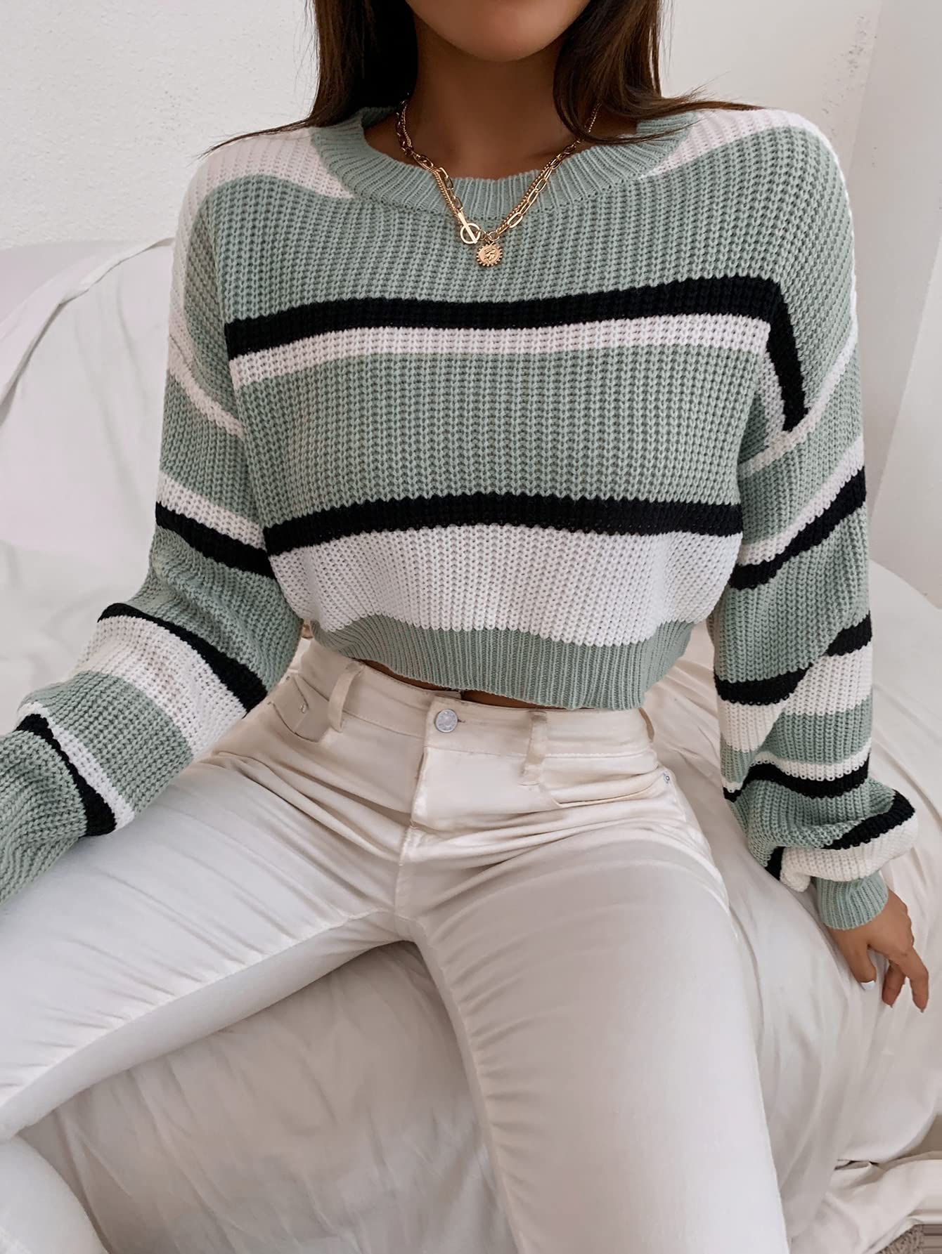 ZAFUL Women's Color Block Striped Sweater - Crew Neck Lantern Sleeve Cropped Knit Top | Casual Loose Fit Pullover for Fall & Winter | Perfect for Office, Dating & Weekend Outfits