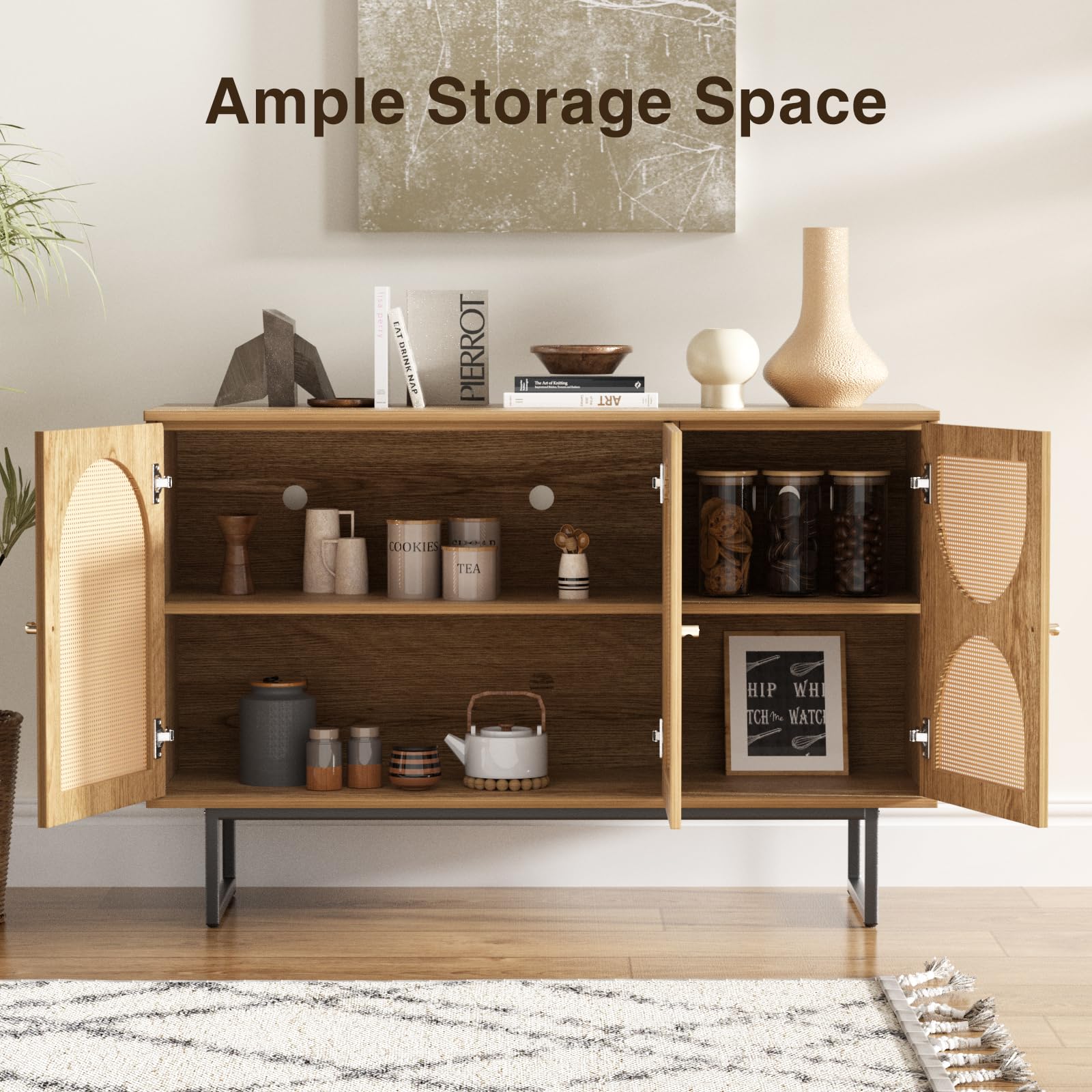 Rattan Sideboard Buffet Cabinet with Metal Legs - Boho Style Credenza for Living Room, Hallway, Entryway - Natural Wood & Woven Rattan Storage Cabinet | Perfect for Dining Room Storage, Home Decor, and Entertaining Guests