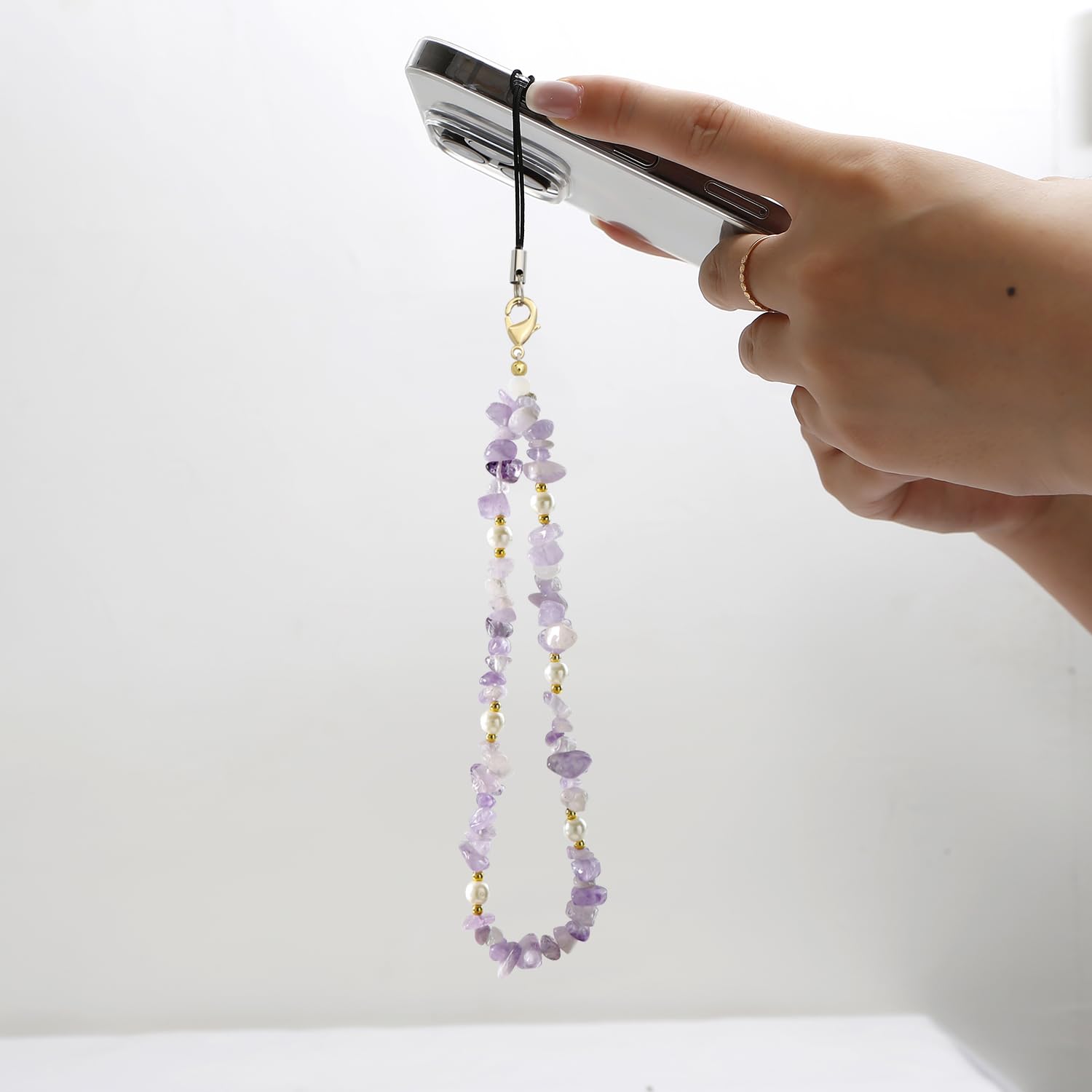 Natural Gemstone Phone Lanyard with Beaded Wrist Strap - Elegant Purple Cell Phone Charm for Women & Girls | Perfect for Smartphones, Keys & ID Cards (Fashion Accessory & Gift Idea)