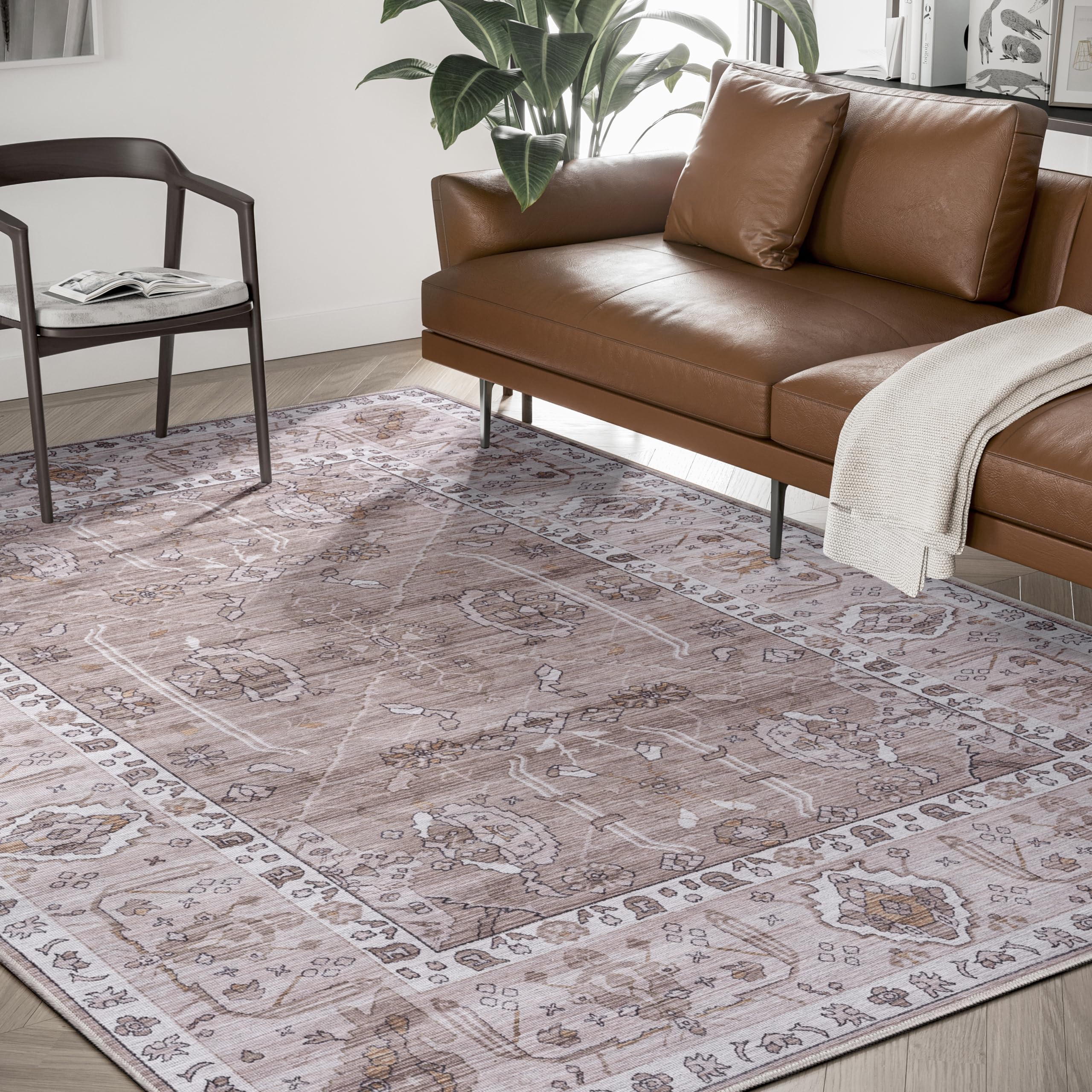 Abani Molana Collection Vintage Beige Brown Area Rug 4' x 6' - Soft Handmade Non-Slip Rug for Living Room, Bedroom, Office - Perfect for Boho Decor & Cozy Home Spaces