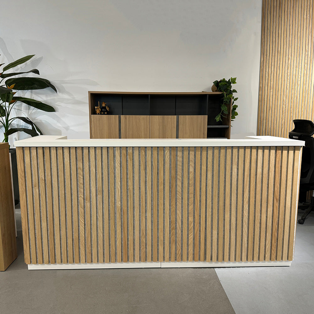 KENTO 240cm Modern Reception Desk - Timber Slat Acoustic Panel Design in White & Oak Finish - Perfect for Office Lobby, Hotel Front Desk, and Corporate Waiting Areas