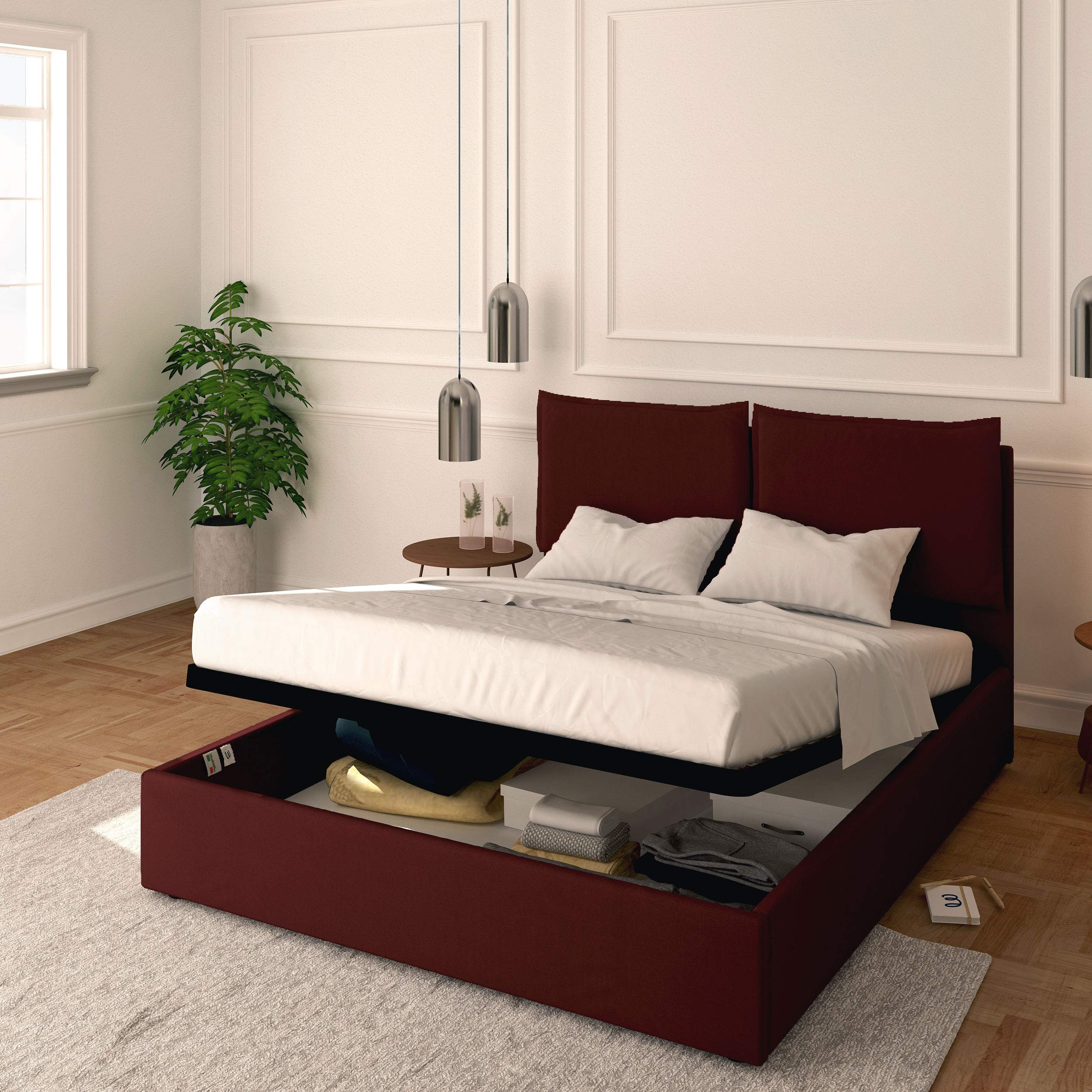 Baldiflex Queen Size Bed with Storage - Licia Faux Leather Upholstered Platform Bed Frame with Slatted Base, Headboard, 160x190cm Mattress Compatible - Perfect for Modern Bedrooms & Small Spaces