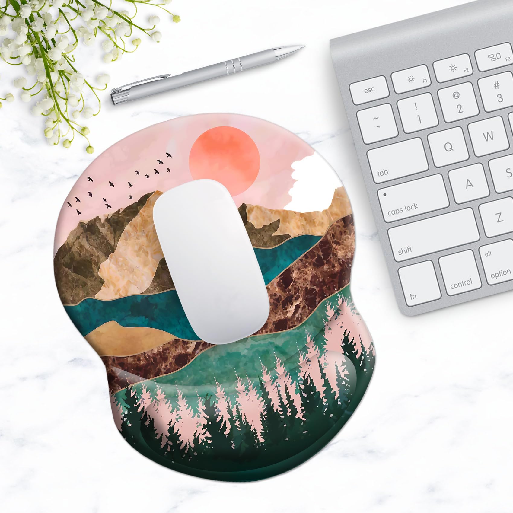 Ergonomic Mouse Pad with Wrist Support - Pain Relief & Non-Slip PU Base for Home Office, Gaming & Studying - Sunset Forest Mountains Design - Perfect for Long Computer Sessions & Comfortable Typing