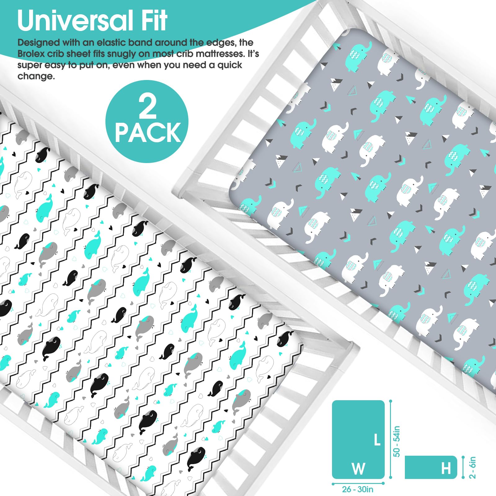 BROLEX Baby Fitted Crib Sheets Set of 2 - Soft Jersey Knit Crib Bedding for Standard Toddler Crib Mattress - Elephant & Whale Design for Boys & Girls - Perfect for Nursery, Daycare & Travel