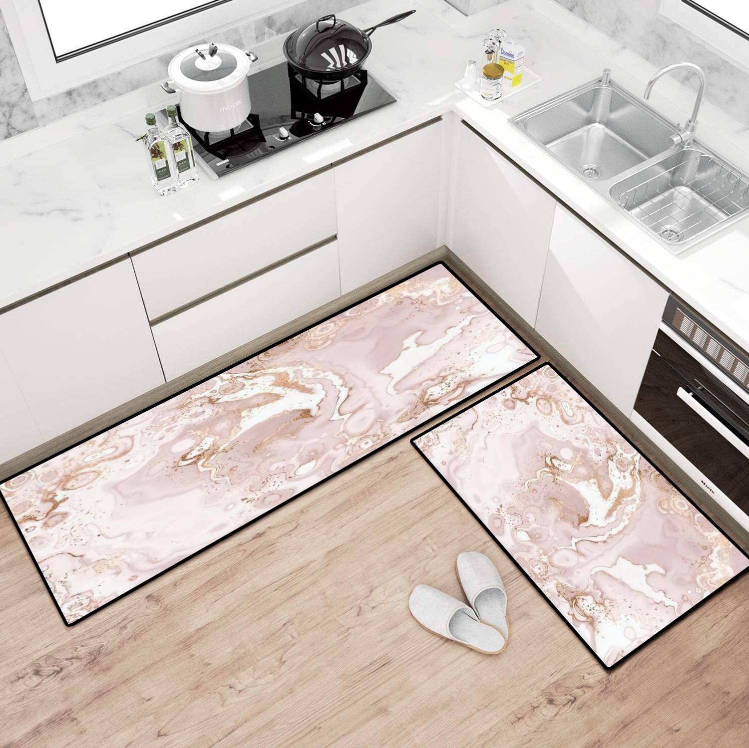 Luxury Non-Slip Kitchen Rugs Set - Marble Abstract Print with Gold Accents, Washable Floor Mat for Kitchen, Bathroom, Entryway - Anti-Fatigue Standing Comfort for Cooking & Home Decor