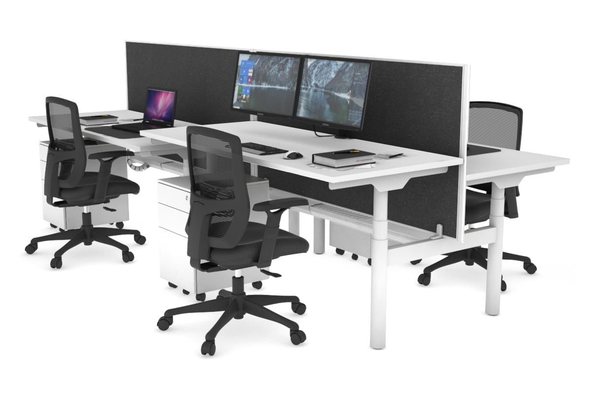 Flexi Premium Height Adjustable 4-Person H Bench Workstation - White Frame [1400L x 700W] - Ergonomic Office Desk for Collaborative Workspaces & Coworking Environments