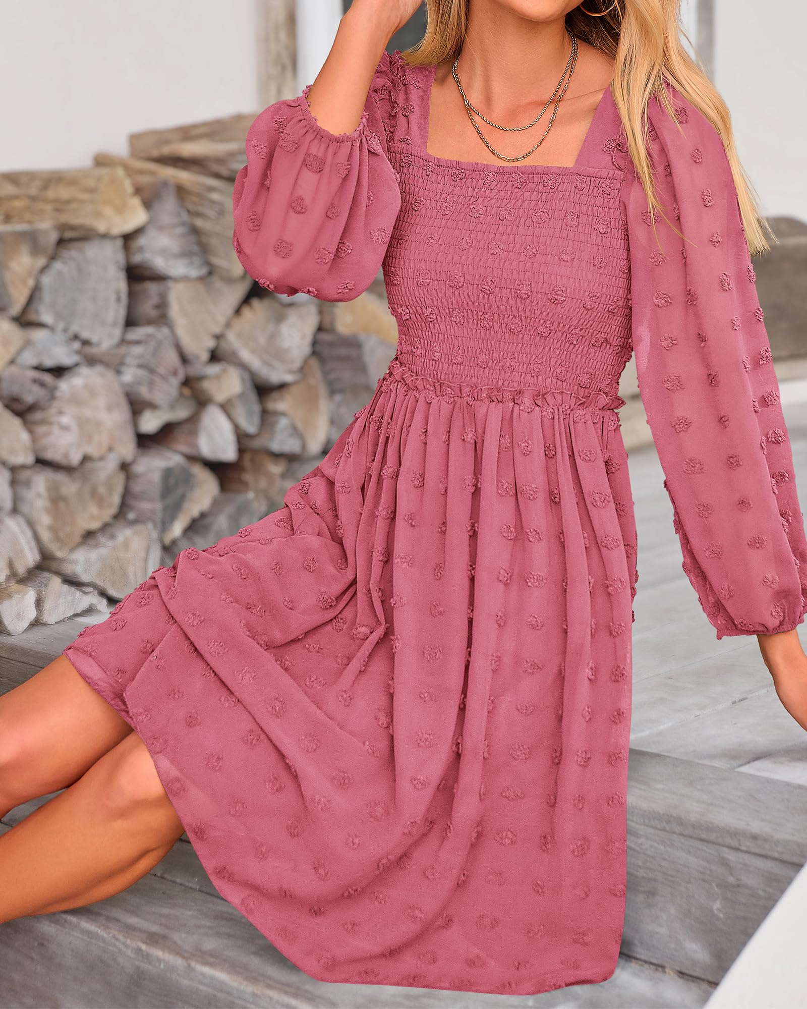BTFBM Women's Floral Swiss Dot Smocked Mini Dress - Square Neck Long Sleeve Boho Wedding Guest Dress for Spring & Summer 2025 | Perfect for Garden Parties, Bridal Showers & Romantic Dates