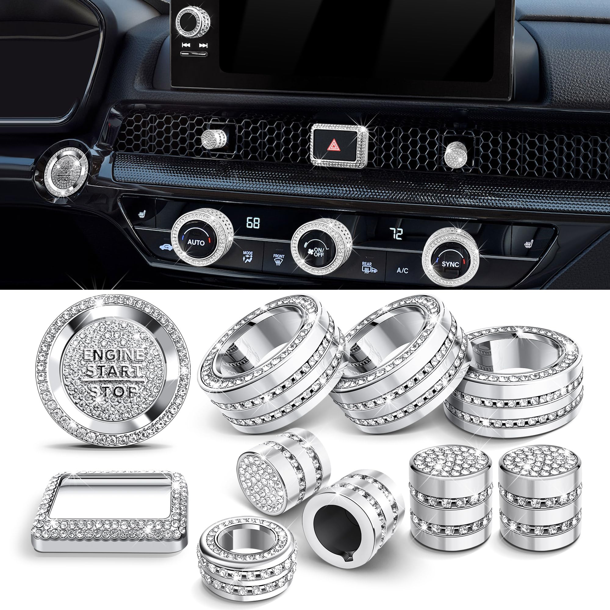 Premium Car Interior Accessories Kit for Honda Civic 2022-2025, CR-V 2023-2025 & Acura Integra 2023-2025 - 11pcs Bling Dashboard Trim Covers (Warning Light, AC Vent, Radio, Push Start Button) - Perfect for Customization & Car Interior Protection