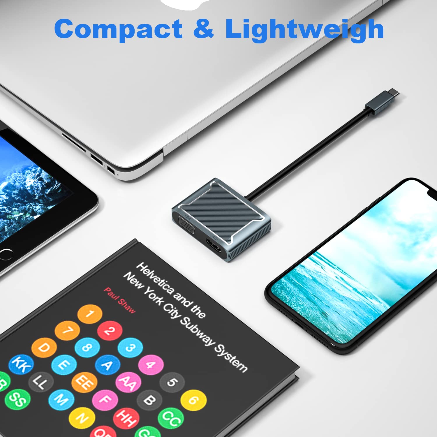 USB C to VGA & HDMI Adapter 2-in-1 Hub with Thunderbolt 3 Support - Compact & Portable USB-C Dongle for MacBook Pro/Air, iPad Pro, Pixelbook, XPS, Galaxy - Perfect for Presentations, Home Office & Multi-Monitor Setup