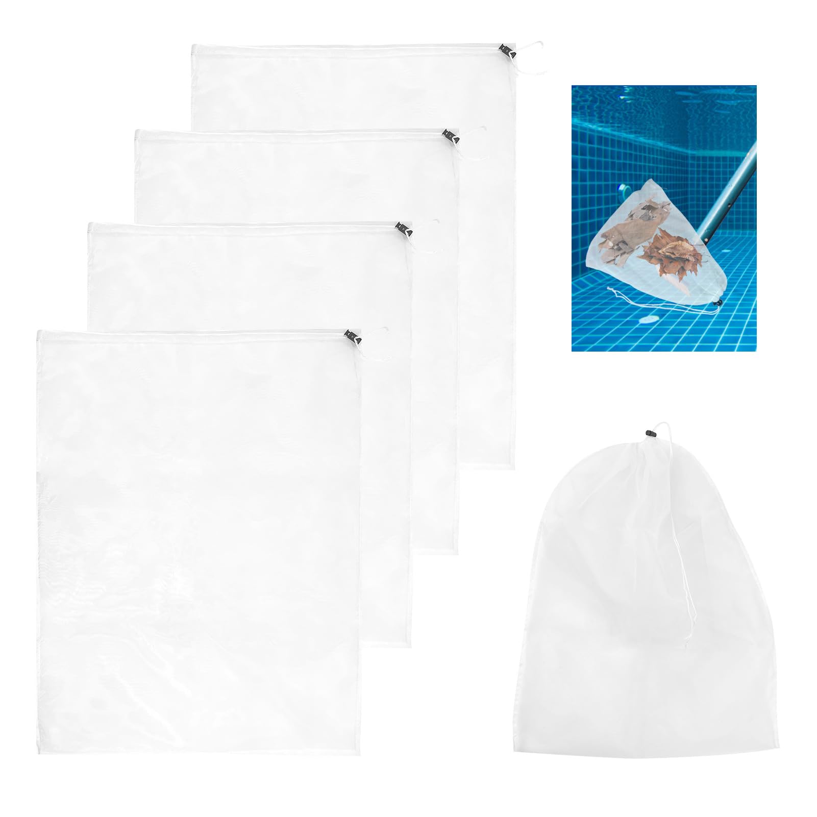 4 Pack Reusable Pool Vacuum Filter Bags - 24 x 18 Inch Fine Mesh with Locking Cord for Leaf Vacuum Pool Cleaners, Universal Swimming Pool Vacuum Bag Replacement - Perfect for In-Ground & Above Ground Pools, Spa Maintenance