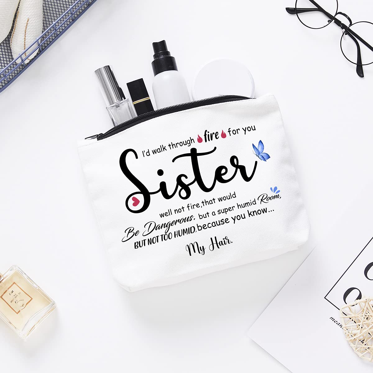 Fokongna Sister Gifts - Birthday Makeup Bag for Women & Girls, Best Friend Gift with Unique Fire Design - Perfect for Birthday, Christmas & Sister Appreciation Day Gifts