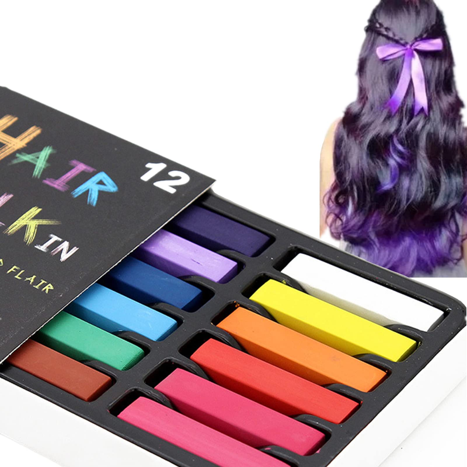 Non-Toxic Washable Hair Chalk - 12 Vibrant Temporary Hair Colors for Kids & Adults | Water-Soluble Hair Dye for Parties, Costumes & Creative Play | Safe for All Ages