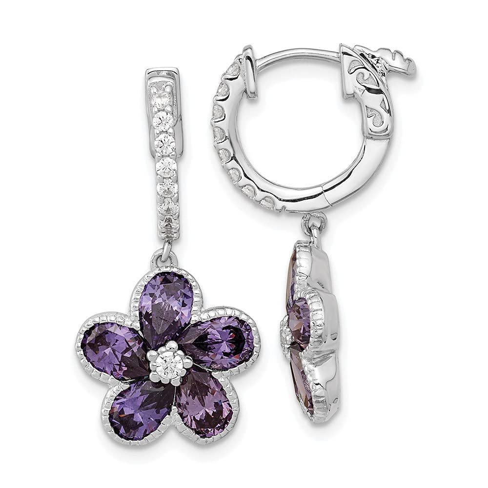 Sterling Silver Purple & White CZ Flower Hoop Dangle Earrings for Women | 27mm x 13mm | Elegant Fashion Jewelry for Parties, Weddings & Everyday Wear