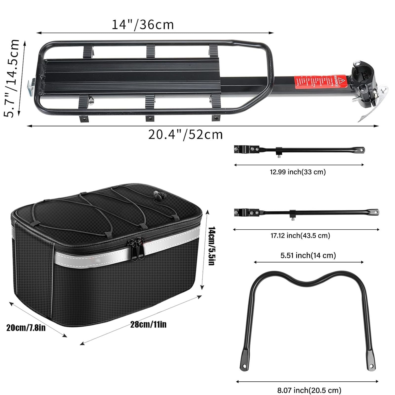 Heavy Duty Rear Bike Rack with 110Lb Capacity - Adjustable Bicycle Cargo Carrier with Detachable Storage Bag for Adults | Perfect for Commuting, Grocery Shopping & Outdoor Adventures