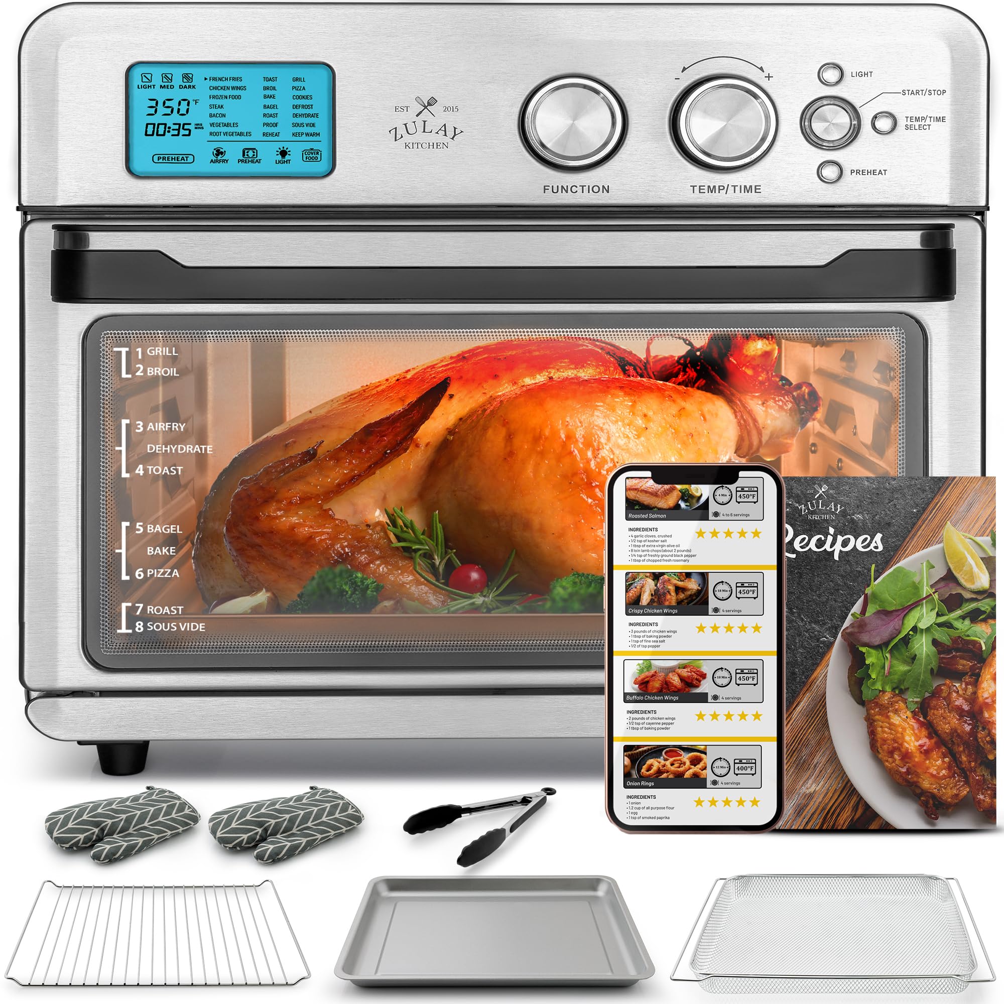 Zulay Kitchen Large Countertop Air Fryer - 12.7QT Stainless Steel Digital Air Fryer Oven for Healthy Cooking | Perfect for Roasting Vegetables, Baking, Grilling & Reheating Food | Family Size Air Fryer for Kitchen, Dorm & RV