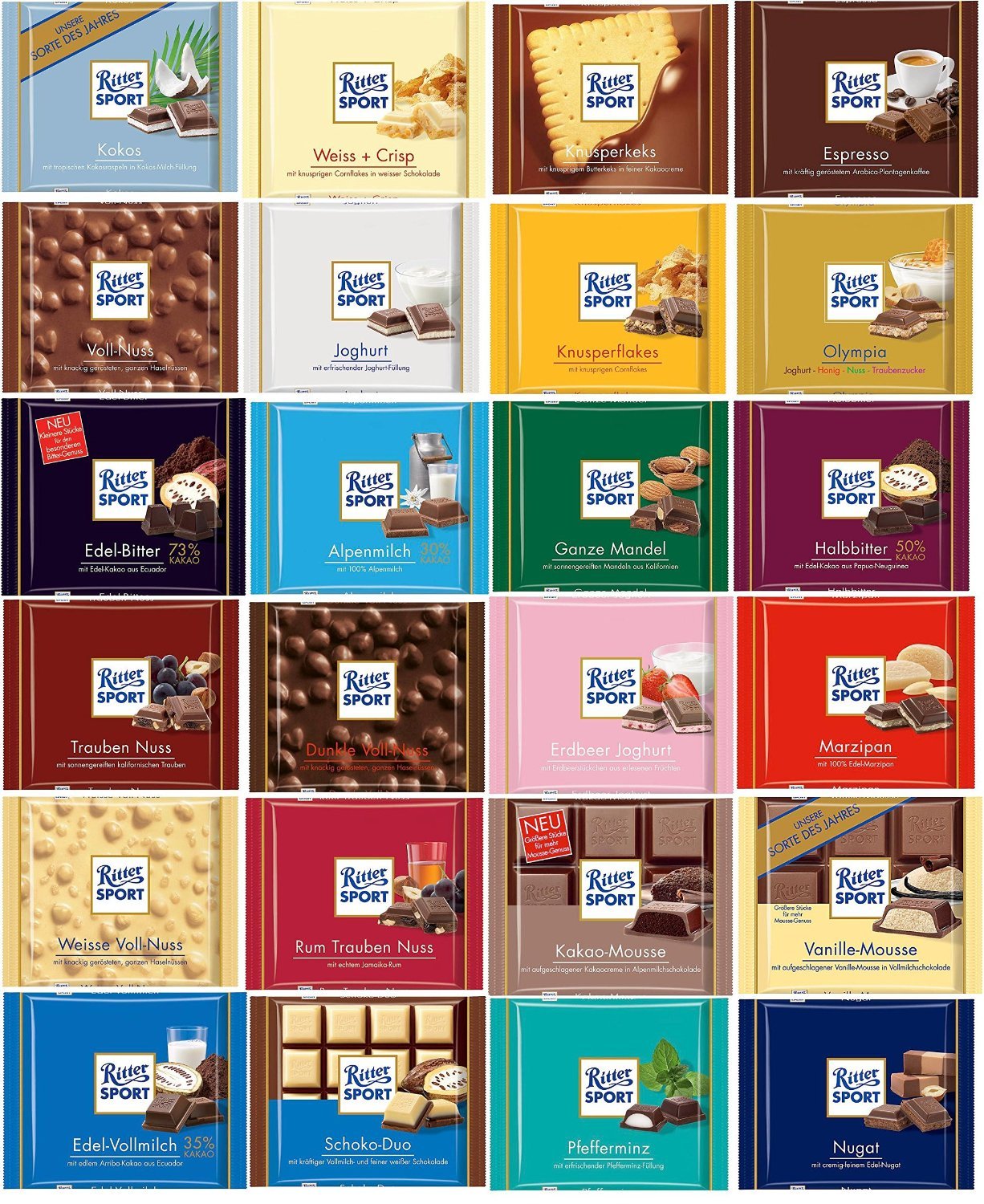 Ritter Sport Chocolate Gift Set - 24 Pack (100g Each) - Premium Assorted Flavors for Gifting, Parties & Snacking