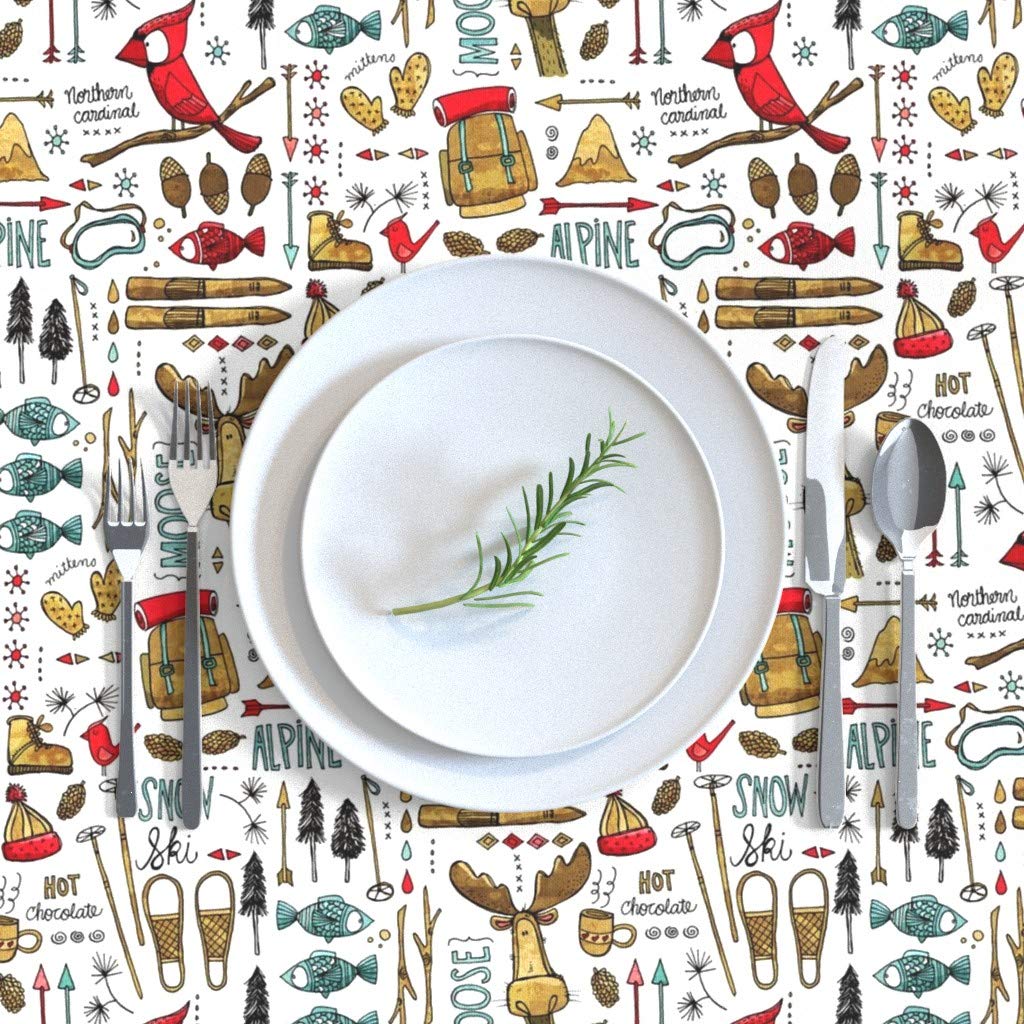 Custom Printed Spoonflower Cotton Sateen Tablecloth 70x144 Inches - Winter Adventure White Bird Moose Fish Alpine Ski Tree Mountains Whimsical Outdoors Woodland Fishing Design | Perfect for Holiday Dinners, Cabin Decor & Rustic Weddings