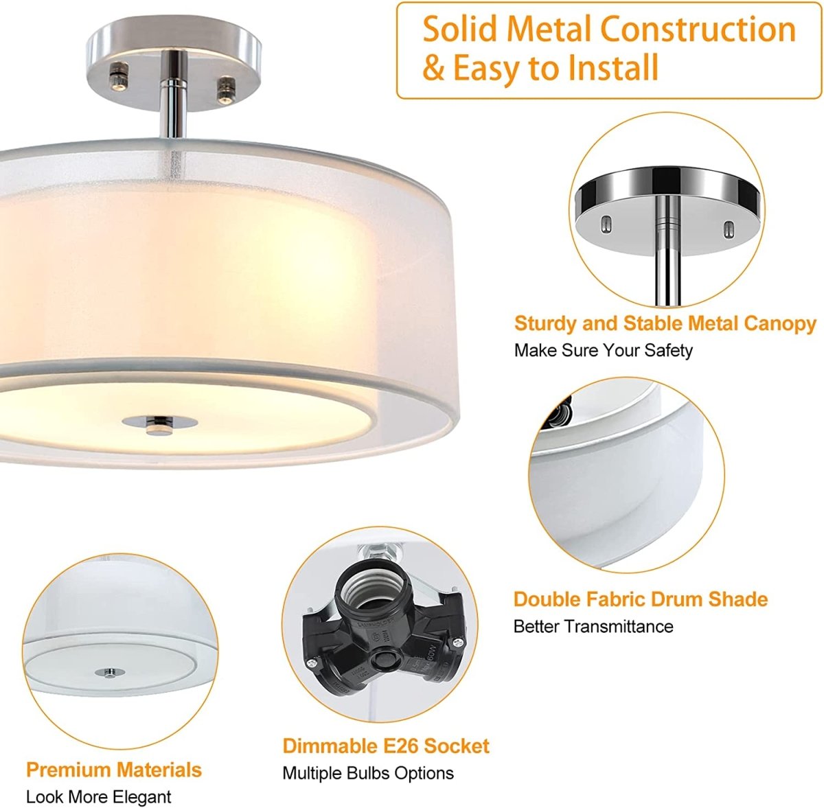 Depuley 15 Inch 3-Light Industrial Semi Drum Flush Mount Ceiling Light Fixture - Vintage Double Drum Pendant Lighting for Bedroom, Dining Room, Kitchen, Hallway, Entryway | Perfect for Modern Farmhouse, Loft & Industrial Style Home Decor
