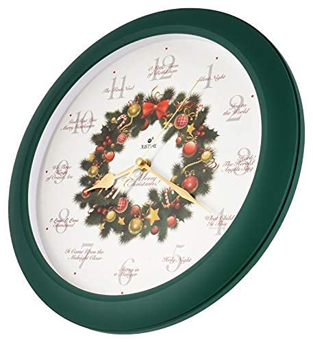 JUSTIME 14-inch Christmas Musical Wall Clock with 12 Carol Melodies - Holiday Wreath Design, Round Chime Clock for Home Decor - Perfect for Living Room, Bedroom, and Christmas Party Decoration