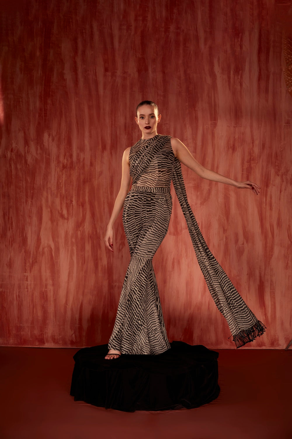 Black & White Byzantine Print Bodysuit and Pant Set with Attached Drape - Elegant Dancewear for Performances & Costume Parties