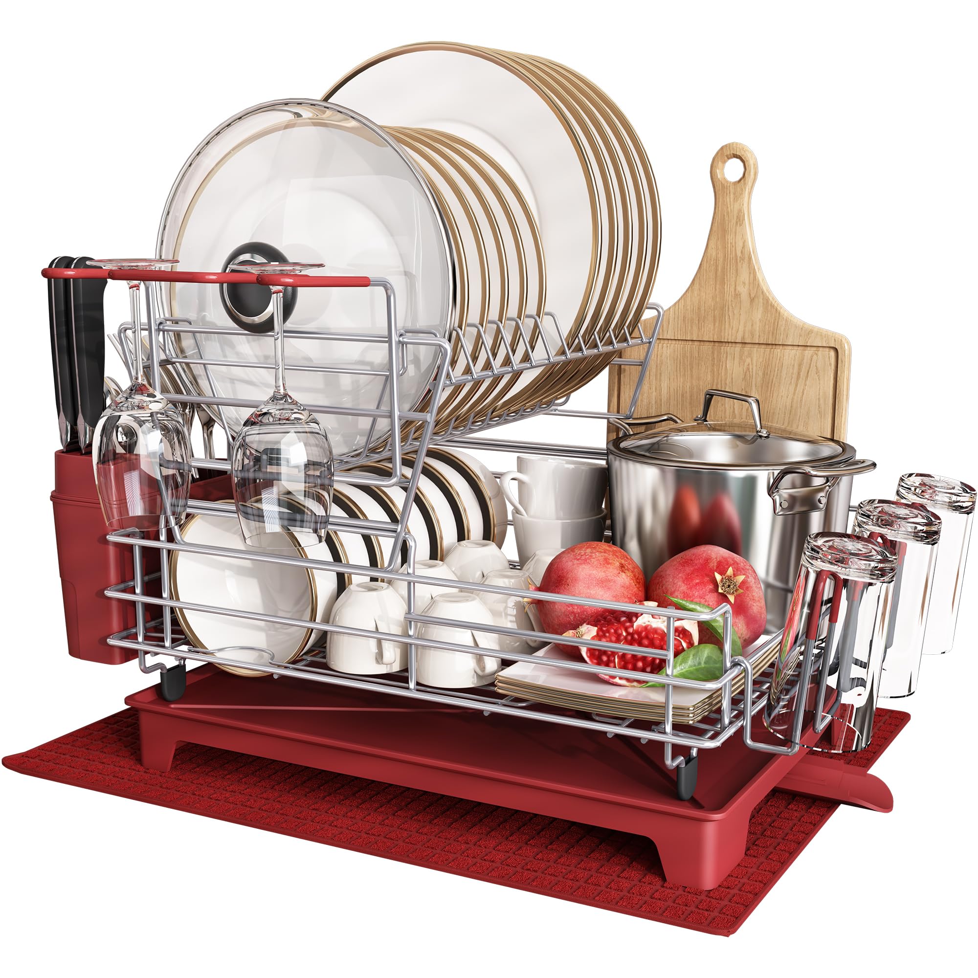 Premium 2-Tier Stainless Steel Dish Drying Rack Set with Drainboard - Space-Saving Kitchen Counter Organizer with Wine Glass Holder, Utensil Stand & Bonus Drying Mat - Ideal for Small Kitchens, Apartments & Dish Drainage Solutions
