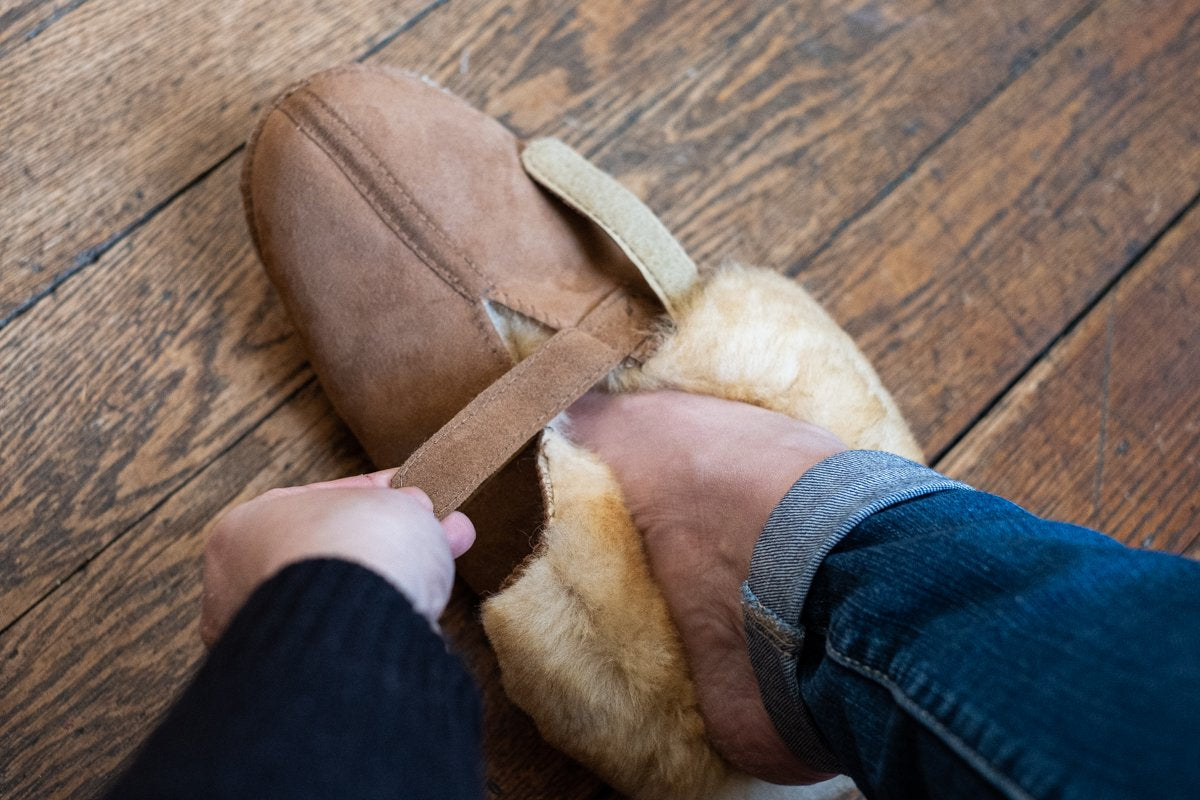 Women's Warm Sheepskin Cabin Slippers with Adjustable Velcro Closure - Cozy Indoor/Outdoor House Shoes for Winter Comfort at Home