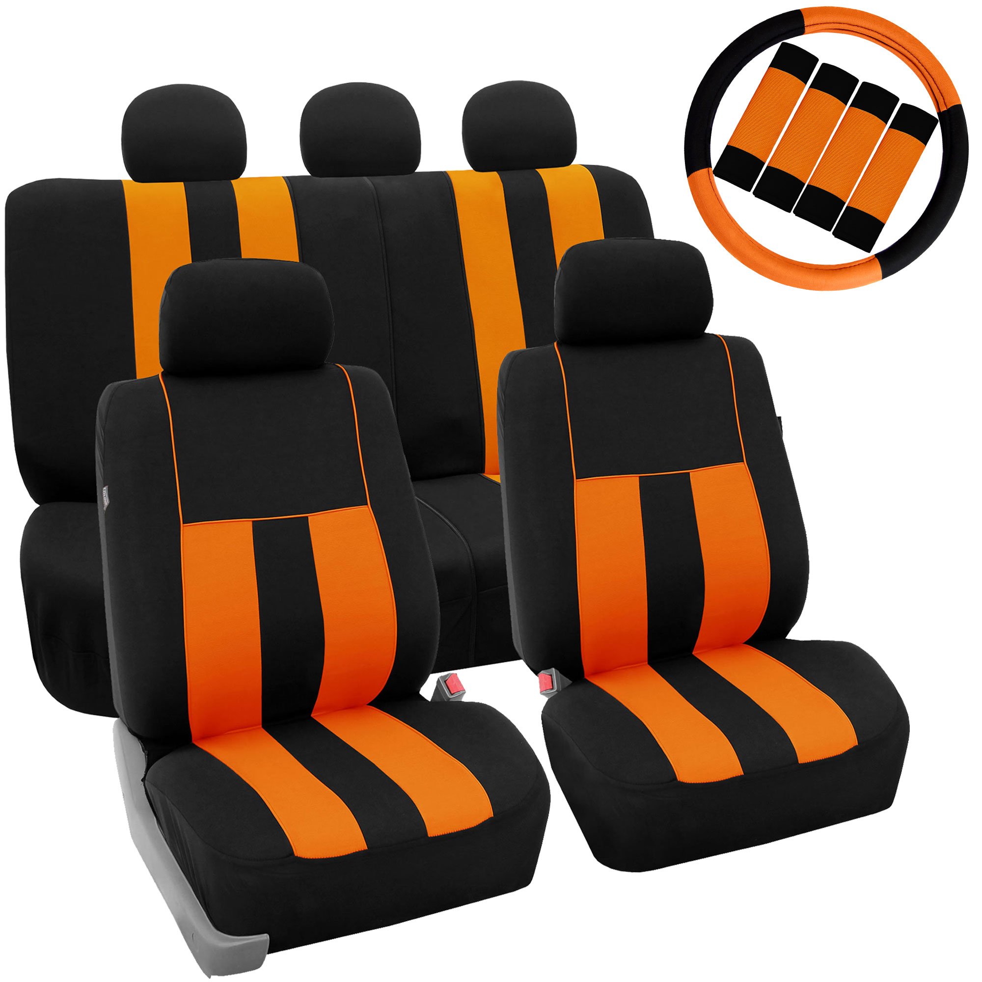 Premium FH Group Orange Striped Car Seat Covers Full Set - Universal Fit for Cars, Trucks & SUVs | Airbag Compatible, Split Rear Design | Durable Interior Accessories for Commuting, Road Trips & Family Protection
