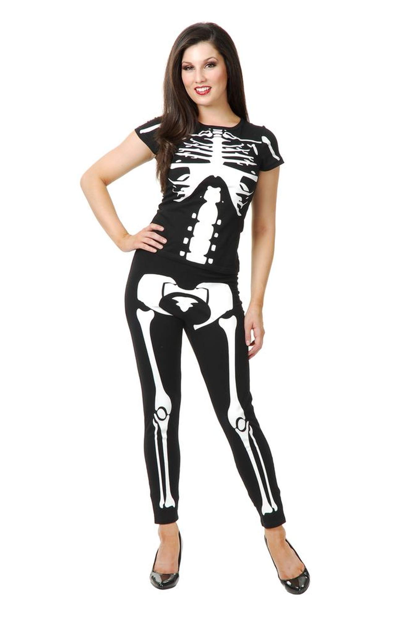 Charades Women's Skeleton Print Shirt & Leggings Set - Halloween Costume, Cosplay Outfit, or Spooky Fashion Statement