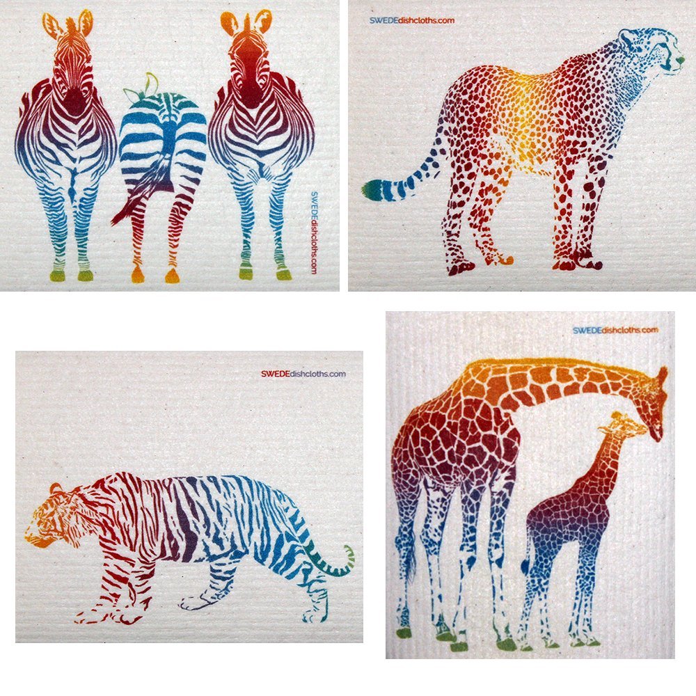 Colorful Animal Swedish Dishcloths Set of 4 - Eco-Friendly, Super Absorbent & Reusable Cleaning Cloths for Kitchen, Dishes, and Household Cleaning | Mixed Designs (1 of Each)