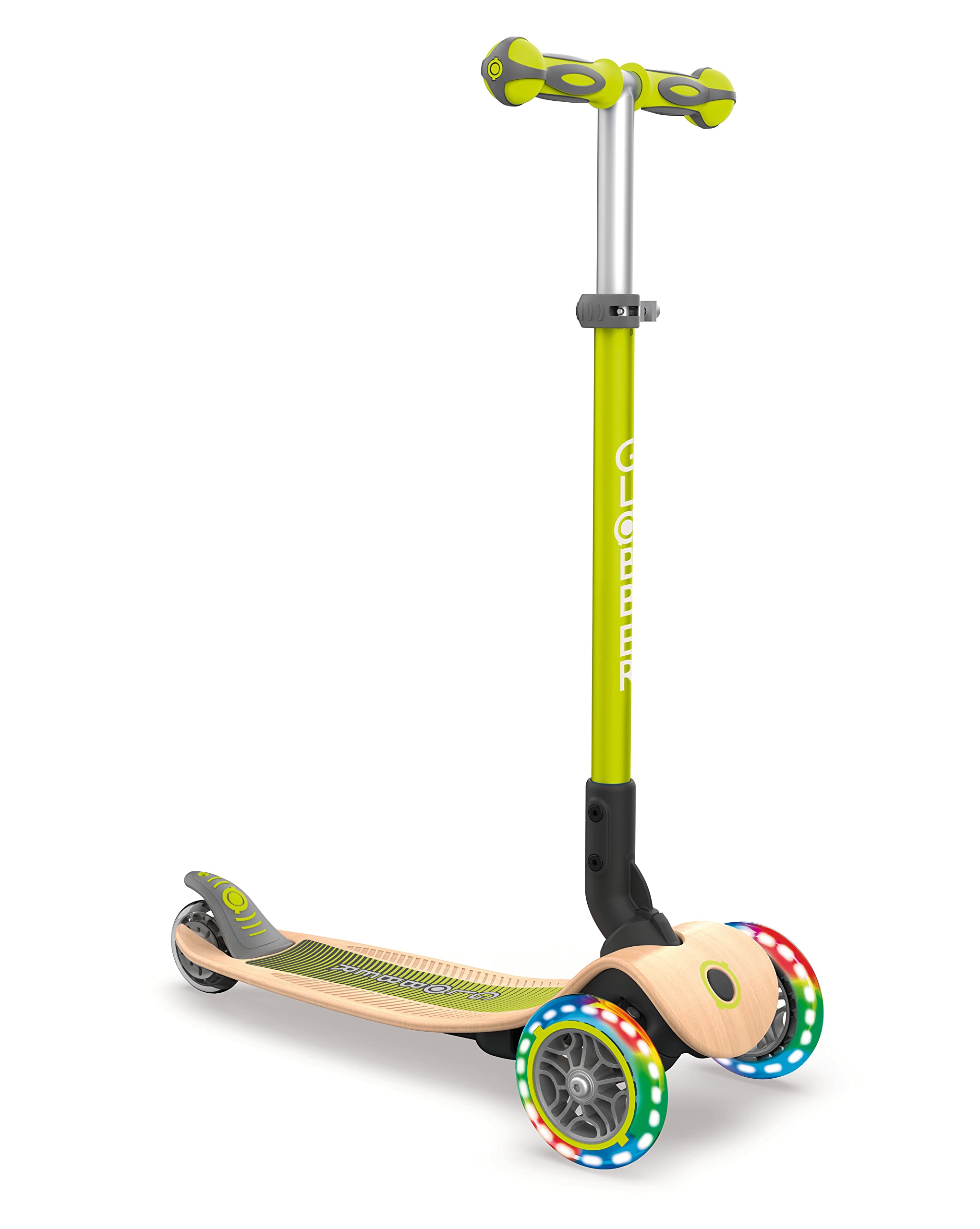 Globber Primo Foldable Wooden Scooter for Kids - Adjustable Height, LED Wheels, Easy Fold Design - Perfect for Commuting, School, and Outdoor Play