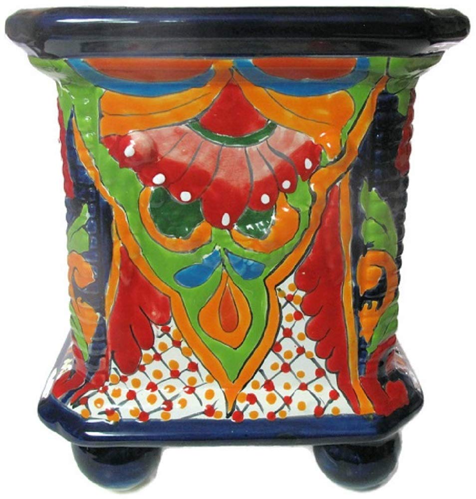 Hand Painted Square Planter with Feet - Multi-Colored Glazed Ceramic Pot for Indoor & Outdoor Plants - Perfect for Home Decor, Garden, Patio, and Office Spaces